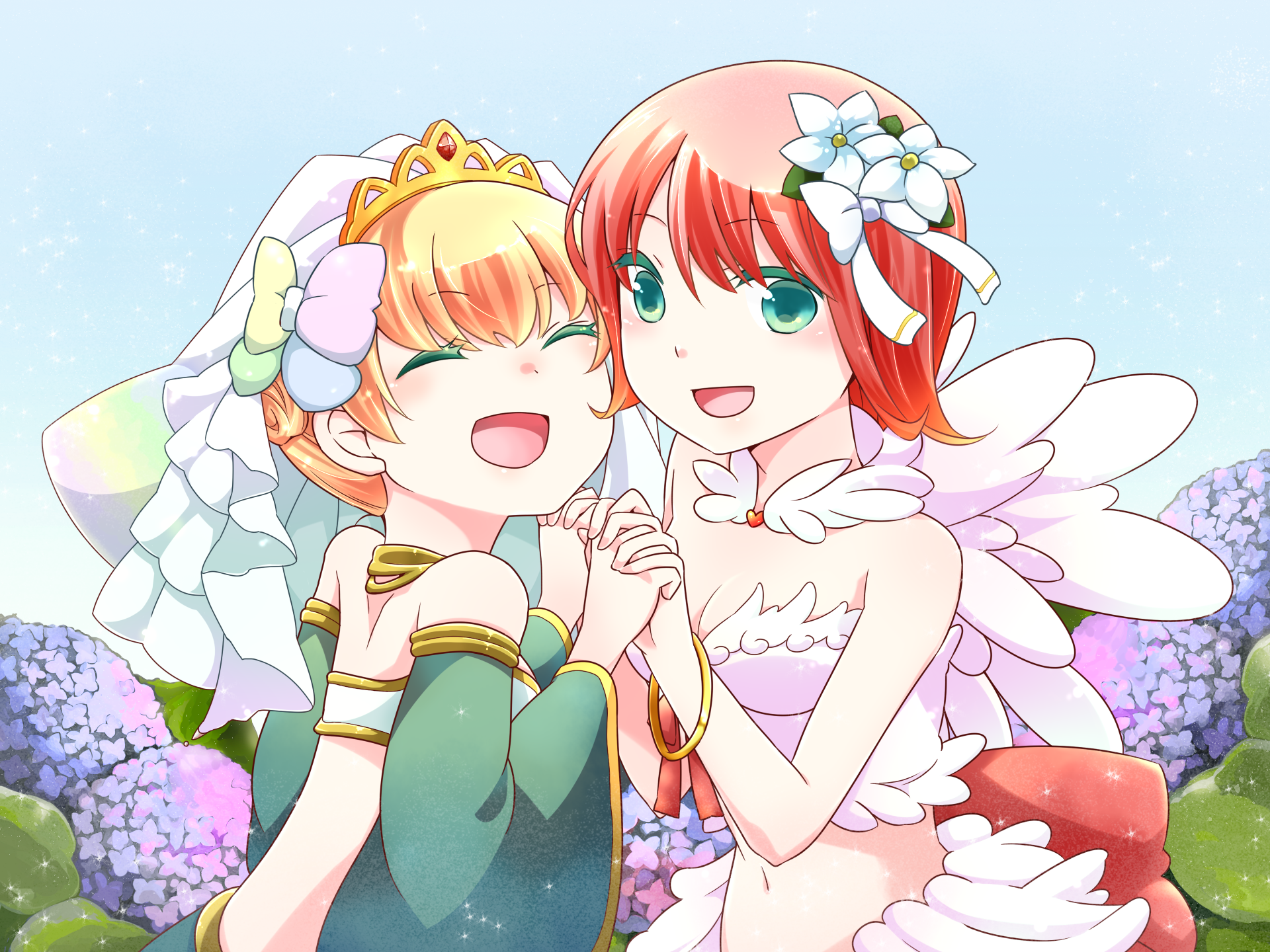 kiriko, gypsy (ragnarok online), wanderer (ragnarok online), ragnarok online, commentary request, highres, 2girls, :d, alternate color, bangle, bikini, blonde hair, blue sky, bow, bracelet, breasts, bridal veil, clear sky, cleavage, closed eyes, detached sleeves, feather trim, feathered wings, flower, green eyes, green sleeves, hair bow, hair flower, hair ornament, holding hands, hydrangea, jewelry, medium breasts, multiple girls, navel, open mouth, pink hair, purple flower, short hair, sky, smile, swimsuit, upper body, veil, white bikini, white flower, white wings, wings