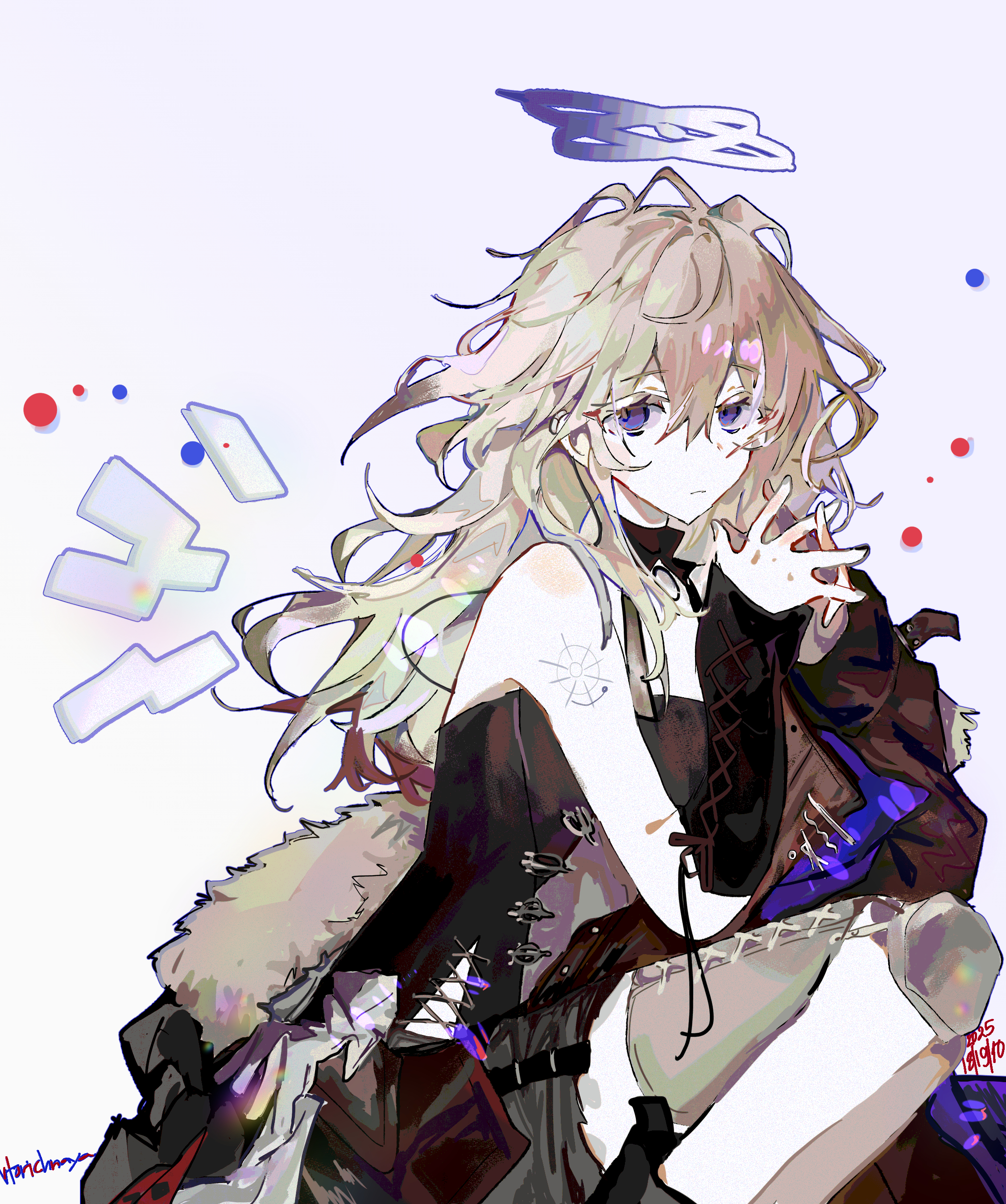 illtenji, vannini (arknights), arknights, absurdres, highres, 1girl, black tank top, blonde hair, blue background, blue halo, coat, coat partially removed, cross-laced clothes, cross-laced legwear, dated, detached wings, energy wings, fur-trimmed coat, fur trim, gradient background, halo, interlocked fingers, knee pads, long hair, purple eyes, shorts, signature, single arm guard, single knee pad, solo, tank top, tattoo, thigh armor, wings