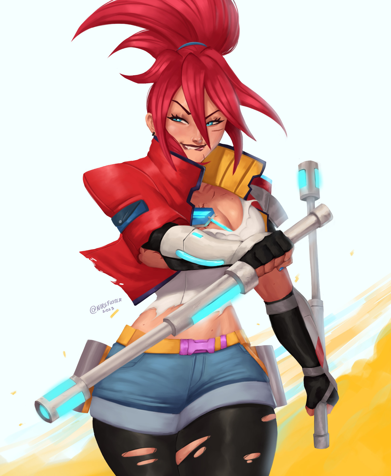 nire (nirefuster), korsica (hi-fi rush), hi-fi rush, highres, baton (weapon), belt, breasts, cleavage, fingerless gloves, gauntlets, gloves, holster, jacket, looking to the side, midriff, pantyhose, ponytail, red hair, scar, scar on face, shirt, short shorts, shorts, simple background, smile, torn clothes, torn pantyhose, torn shirt, weapon