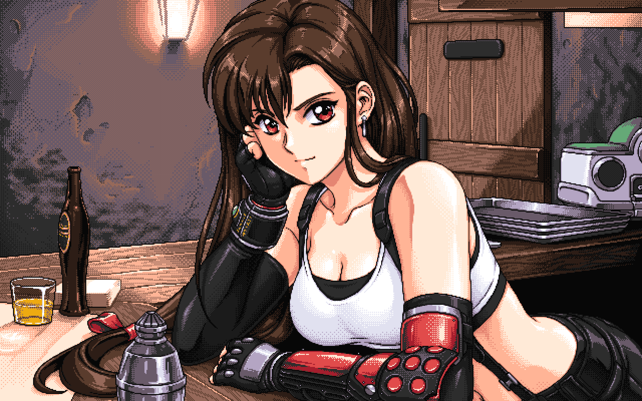sirknightbot, tifa lockhart, final fantasy, final fantasy vii, final fantasy vii remake, highres, 1990s (style), 1girl, bar (place), bare shoulders, black skirt, bottle, breasts, brown hair, cocktail shaker, crop top, dithered background, dithering, door, earrings, elbow gloves, fingerless gloves, glass, gloves, jewelry, large breasts, long hair, looking at viewer, low-tied long hair, midriff, navel, pc-98 (style), pixel art, red eyes, retro artstyle, skirt, smile, soda bottle, solo, suspenders, tank top, tray, wall lamp