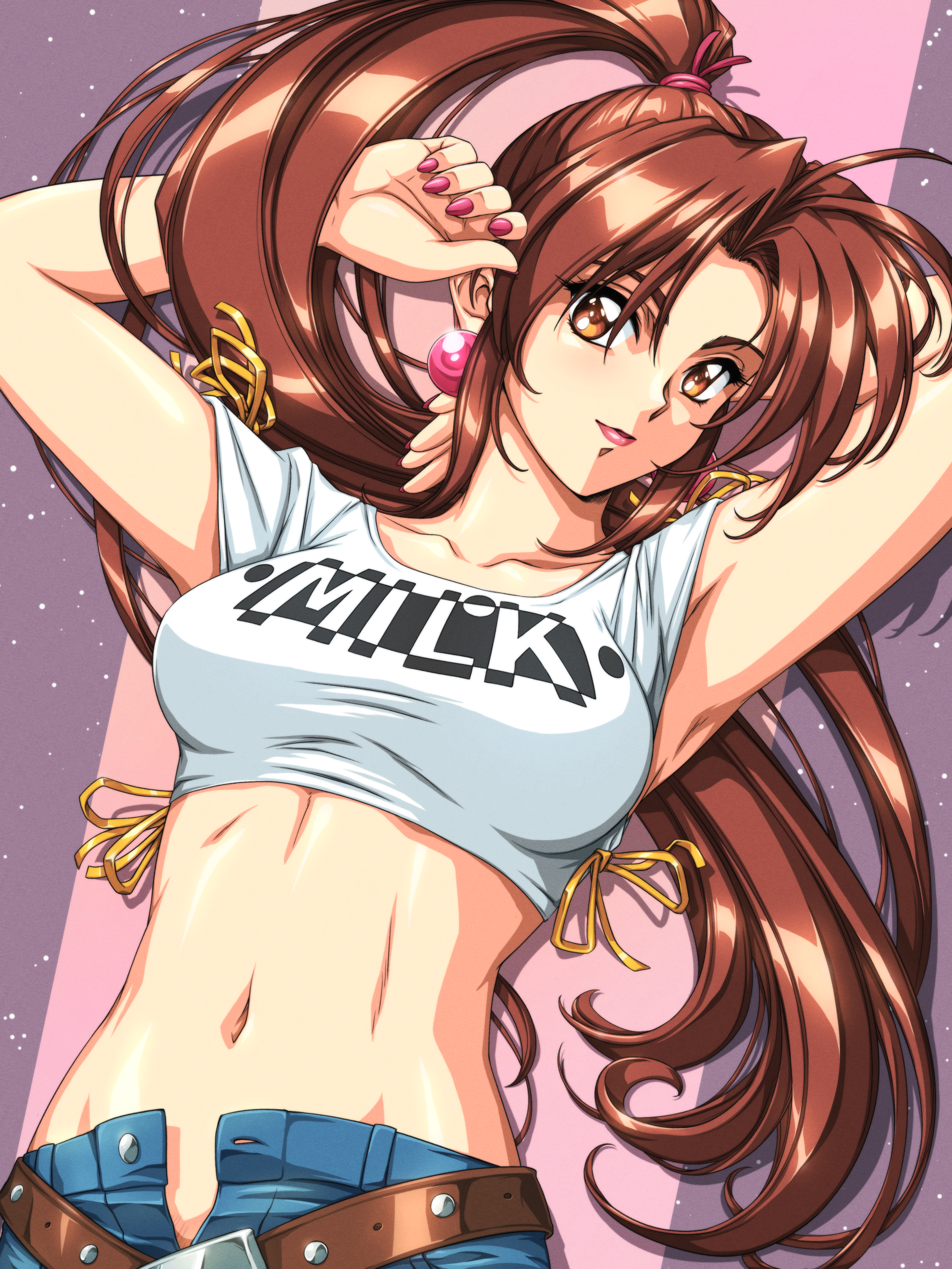 sirknightbot, shiranui mai, fatal fury, absurdres, highres, 1990s (style), 1girl, belt, breasts, brown eyes, brown hair, closed mouth, collarbone, crop top, cropped shirt, denim, large breasts, long hair, midriff, navel, pink background, ponytail, purple background, retro artstyle, shirt, smile, solo, two-tone background, white shirt