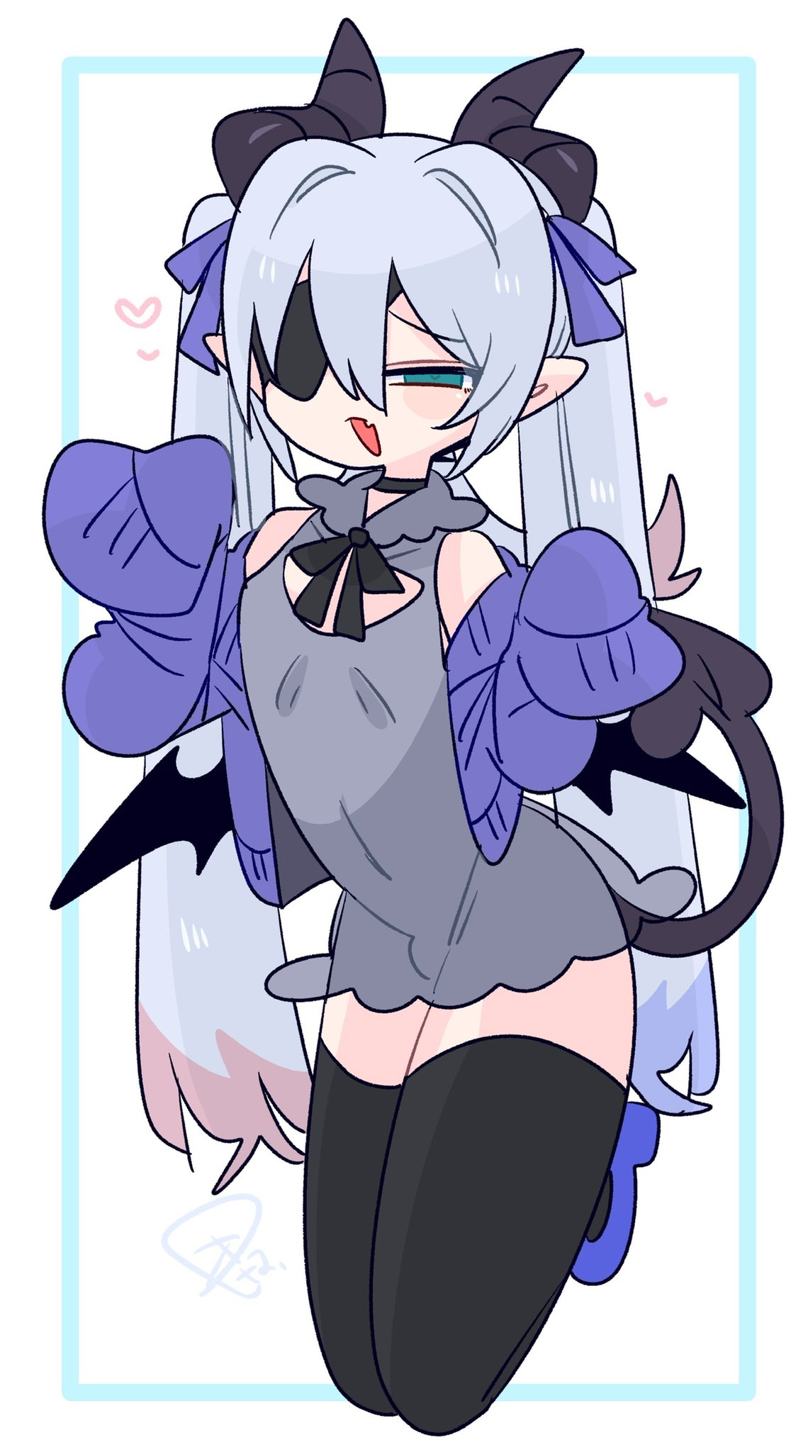 op na yarou, original, commentary, highres, 1boy, bare shoulders, black choker, black ribbon, black thighhighs, black wings, blue bow, blue cardigan, blue eyes, blue hair, blue shoes, bow, bulge, cardigan, choker, cleavage cutout, clothing cutout, collarbone, collared dress, colored tips, covered navel, crossdressing, crossdressing (mtf), demon boy, demon horns, demon tail, double-parted bangs, dress, eyepatch, fang, flipped hair, frills, full body, grey dress, grey horns, grey tail, hair between eyes, hair bow, hair intakes, hands up, heart, heart-shaped pupils, high heels, horns, kneeling, light blush, long hair, long sleeves, looking at viewer, low wings, male focus, microdress, mini wings, multicolored hair, narrowed eyes, neck ribbon, no nose, off shoulder, one eye covered, open cardigan, open clothes, open mouth, pointy ears, quad tails, raised inner eyebrows, red hair, ribbon, rigel (op na yarou), shoes, sidelocks, simple background, skin fang, sleeveless, sleeveless dress, sleeves past fingers, sleeves past wrists, solo, straight hair, symbol-shaped pupils, tail, thighhighs, thighs, trap, very long hair, watermark, white background, white hair, wings