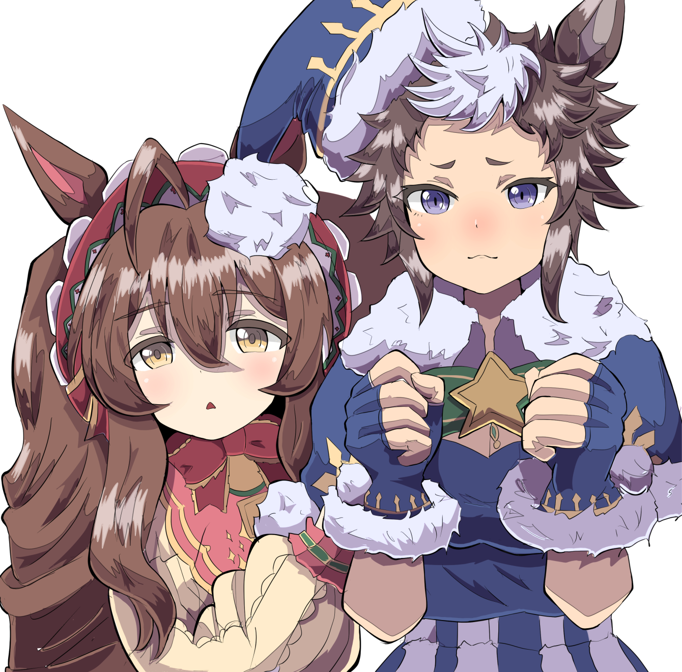 takobutter, mejiro bright (starry snow lolita) (umamusume), mejiro bright (umamusume), mejiro ryan (choose choose and put your thoughts into it) (umamusume), mejiro ryan (umamusume), umamusume, commentary request, highres, 2girls, :<, ahoge, animal ears, blue capelet, blue dress, blue gloves, blue hat, bow, breasts, brown eyes, brown hair, brown sweater, capelet, cleavage, clenched hands, closed mouth, dress, fingerless gloves, fur-trimmed capelet, fur-trimmed gloves, fur-trimmed headwear, fur trim, gloves, hair between eyes, hands up, hat, horse ears, large breasts, long hair, long sleeves, multicolored hair, multiple girls, parted lips, puffy long sleeves, puffy sleeves, purple eyes, red bow, short eyebrows, simple background, star (symbol), sweater, thick eyebrows, tilted headwear, triangle mouth, twintails, two-tone hair, very long hair, white background, white hair