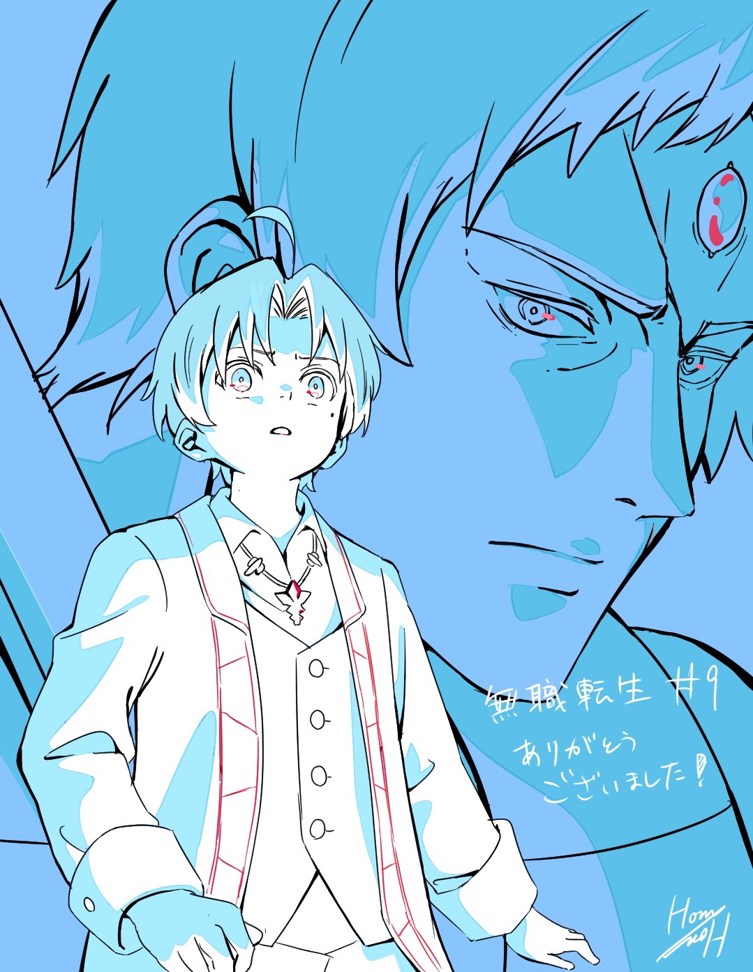 hone honehone, rudeus greyrat, ruijerd superdia, mushoku tensei, highres, 2boys, ahoge, amulet, close-up, forehead jewel, lineart, looking at another, male focus, mole, mole under eye, monochrome background, multiple boys, scar, scar on face, simple background, sketch, surprised