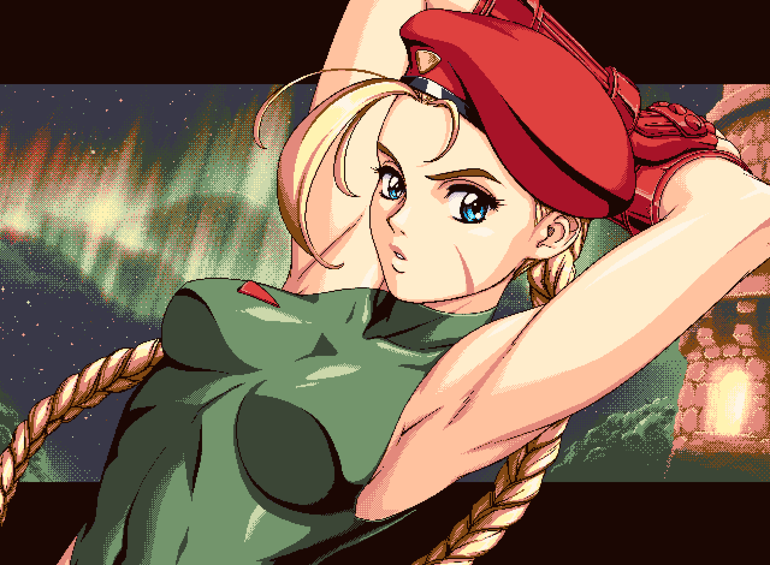 sirknightbot, cammy white, street fighter, highres, 1girl, ahoge, armpits, arms up, aurora, beret, blonde hair, blue eyes, braid, breasts, facial scar, fingerless gloves, gloves, green leotard, hat, huge ahoge, leotard, letterboxed, long hair, looking at viewer, night, night sky, outdoors, outside border, pc-98 (style), red gloves, red hat, scar, scar on cheek, scar on face, sky, solo, star (sky), twin braids, upper body