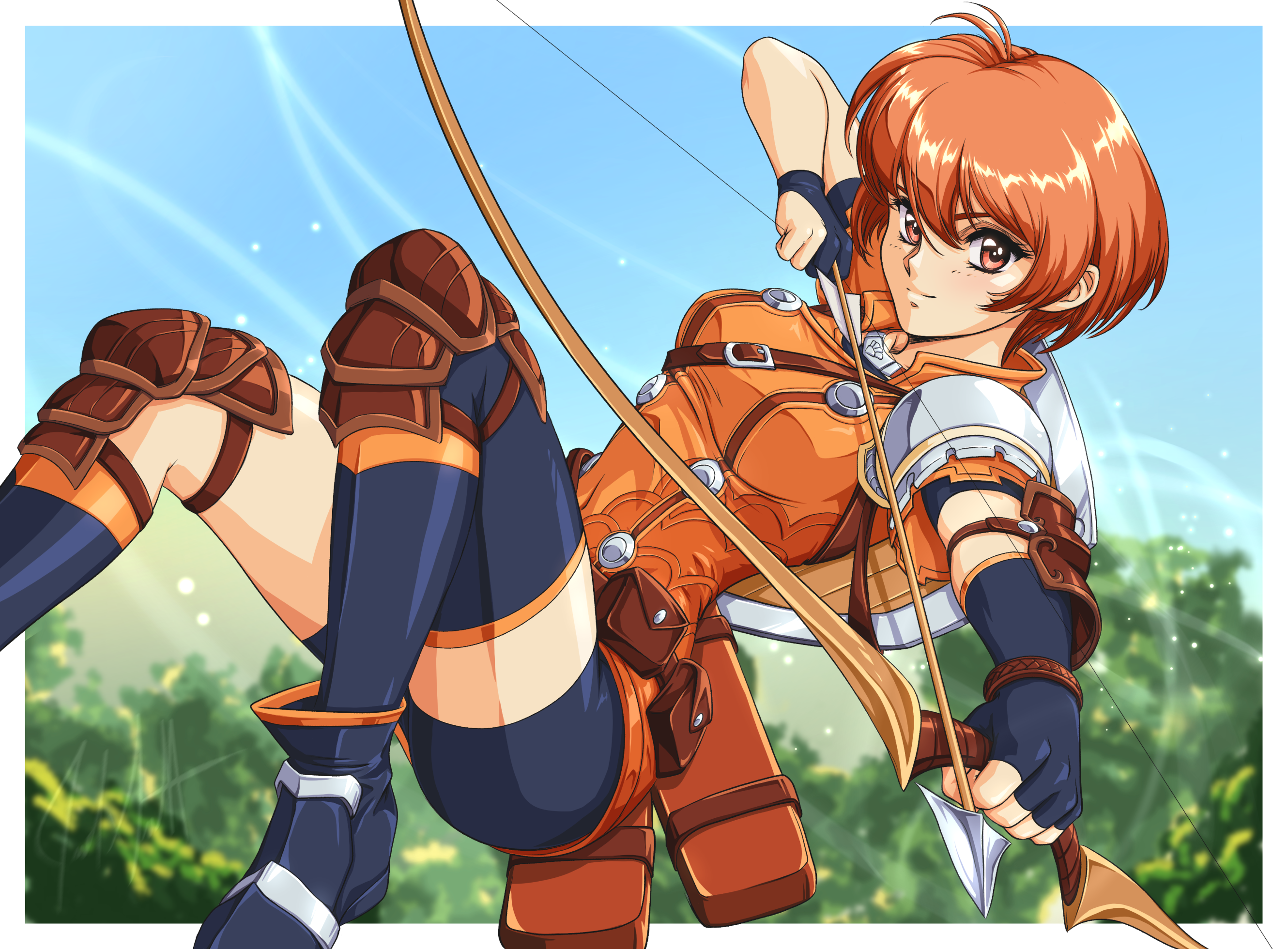 sirknightbot, leonie pinelli, fire emblem, fire emblem: three houses, fire emblem warriors: three hopes, nintendo, commission, highres, 1990s (style), 1girl, arrow (projectile), asymmetrical legwear, bike shorts, border, bow (weapon), breasts, closed mouth, day, drawing bow, forest, holding, holding bow (weapon), holding weapon, knee pads, looking at viewer, medium breasts, nature, official alternate costume, official alternate hairstyle, orange eyes, orange hair, outdoors, outside border, retro artstyle, short hair, single thighhigh, solo, thighhighs, urushihara satoshi (style), weapon, white border