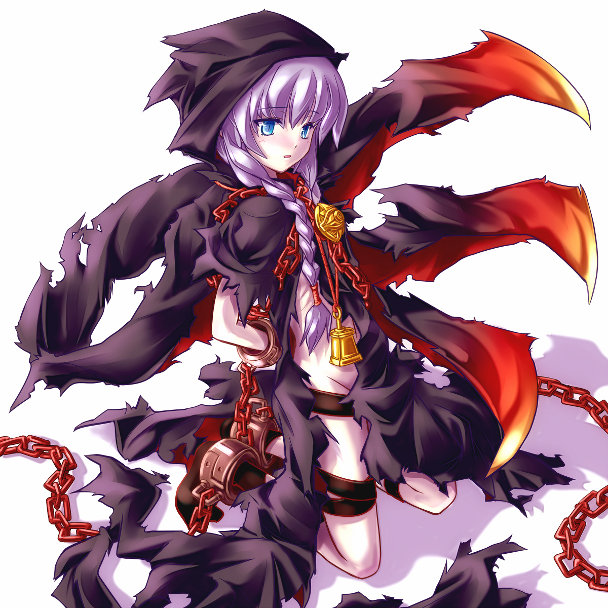 shirosa, curse maker, curse maker 2, atlus, etrian odyssey, light purple hair, highres, 1girl, arms behind back, bell, blue eyes, braid, chain, cloak, cuffs, female focus, hood, kneeling, long hair, no panties, open clothes, purple hair, ribs, shackles, solo, strap, torn clothes, twin braids