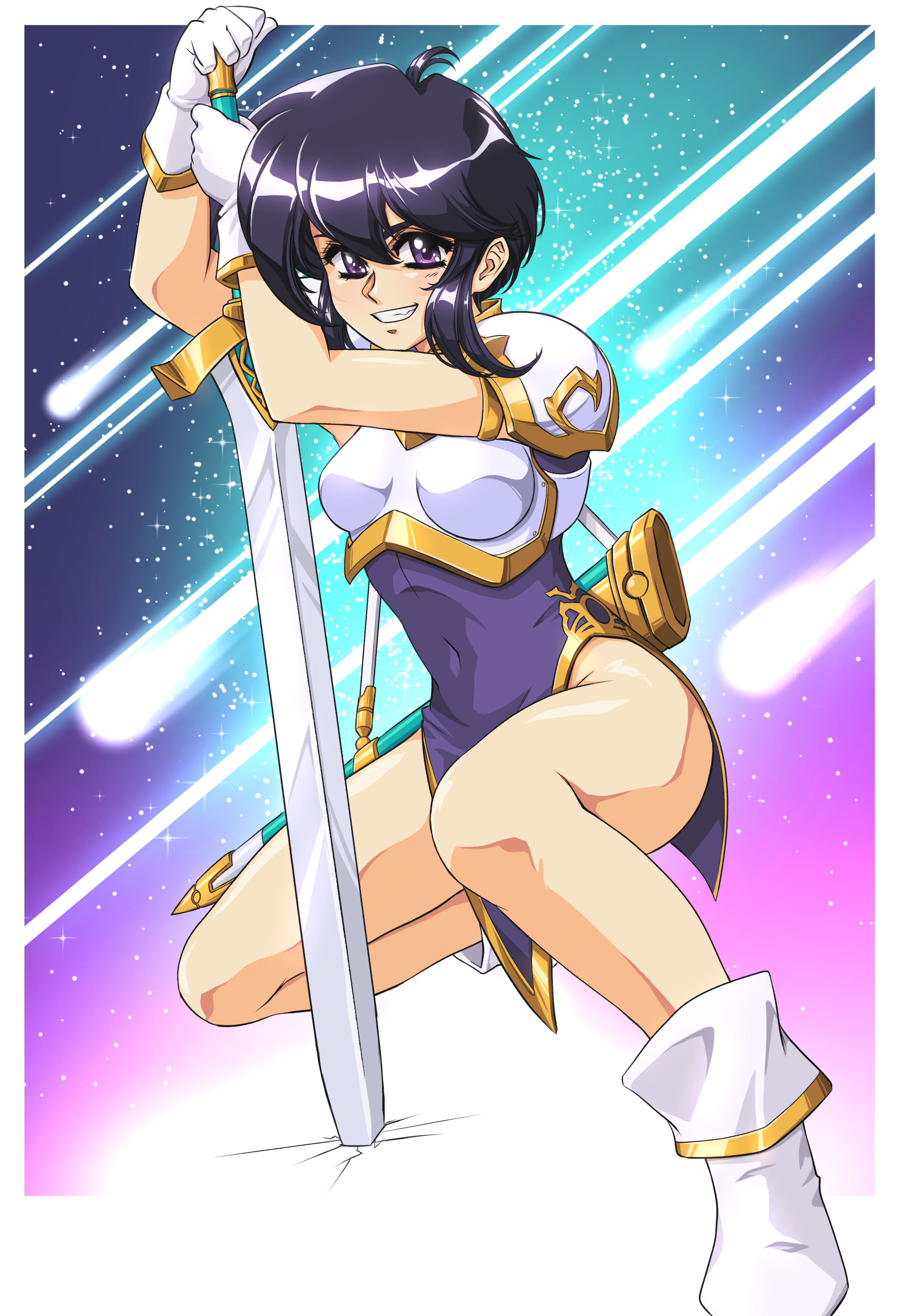 sirknightbot, larcei (fire emblem), fire emblem, fire emblem: genealogy of the holy war, fire emblem heroes, nintendo, absurdres, highres, 1990s (style), 1girl, armor, black hair, boots, dress, grin, holding, holding sword, holding weapon, planted, planted sword, planted weapon, purple dress, purple eyes, retro artstyle, shooting star, short hair, shoulder armor, simple background, smile, smug, solo, sword, thighs, weapon, white boots