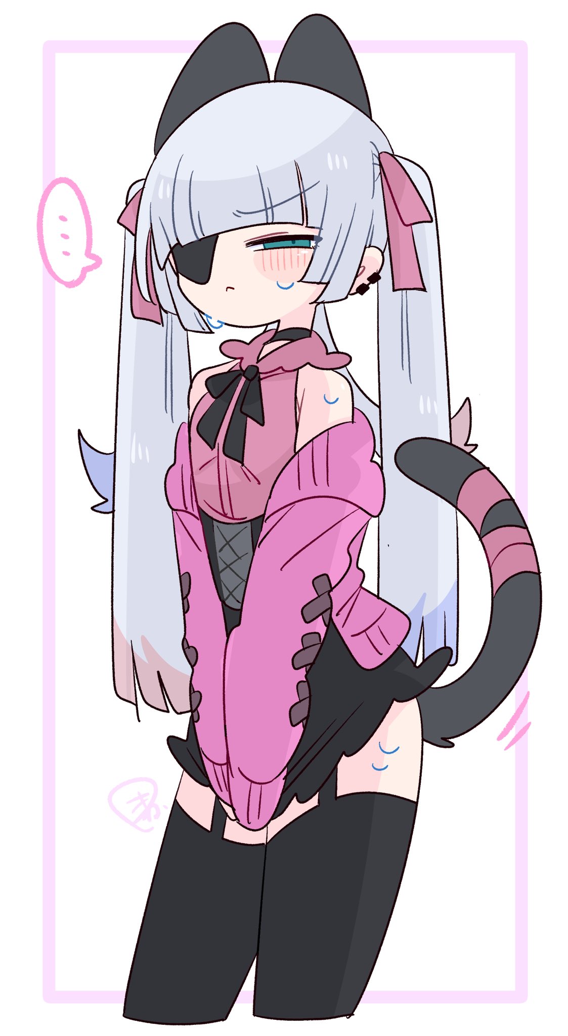 op na yarou, original, commentary, highres, …, 1boy, animal ears, armpit crease, bare shoulders, black choker, black corset, black skirt, black thighhighs, blue eyes, blue hair, blunt bangs, blush, bow, cardigan, cat boy, cat ears, cat tail, choker, closed mouth, clothes grab, collared shirt, colored tips, corset, covering crotch, covering privates, cowboy shot, crossdressing, crossdressing (mtf), earclip, extra ears, eyepatch, flipped hair, frilled shirt collar, frills, frown, furrowed brow, garter straps, grey tail, hair bow, jirai kei, long hair, long sleeves, looking at viewer, male focus, miniskirt, multicolored hair, narrowed eyes, no nose, off shoulder, one eye covered, open cardigan, open clothes, pink bow, pink cardigan, pink ribbon, pink shirt, quad tails, red hair, ribbon, rigel (op na yarou), shirt, sidelocks, simple background, skirt, sleeveless, sleeveless shirt, sleeves past fingers, sleeves past wrists, solo, speech bubble, spoken ellipsis, standing, straight hair, sweat, tail, tail ornament, tail ribbon, thighhighs, thighs, trap, v arms, very long hair, watermark, white background, white hair