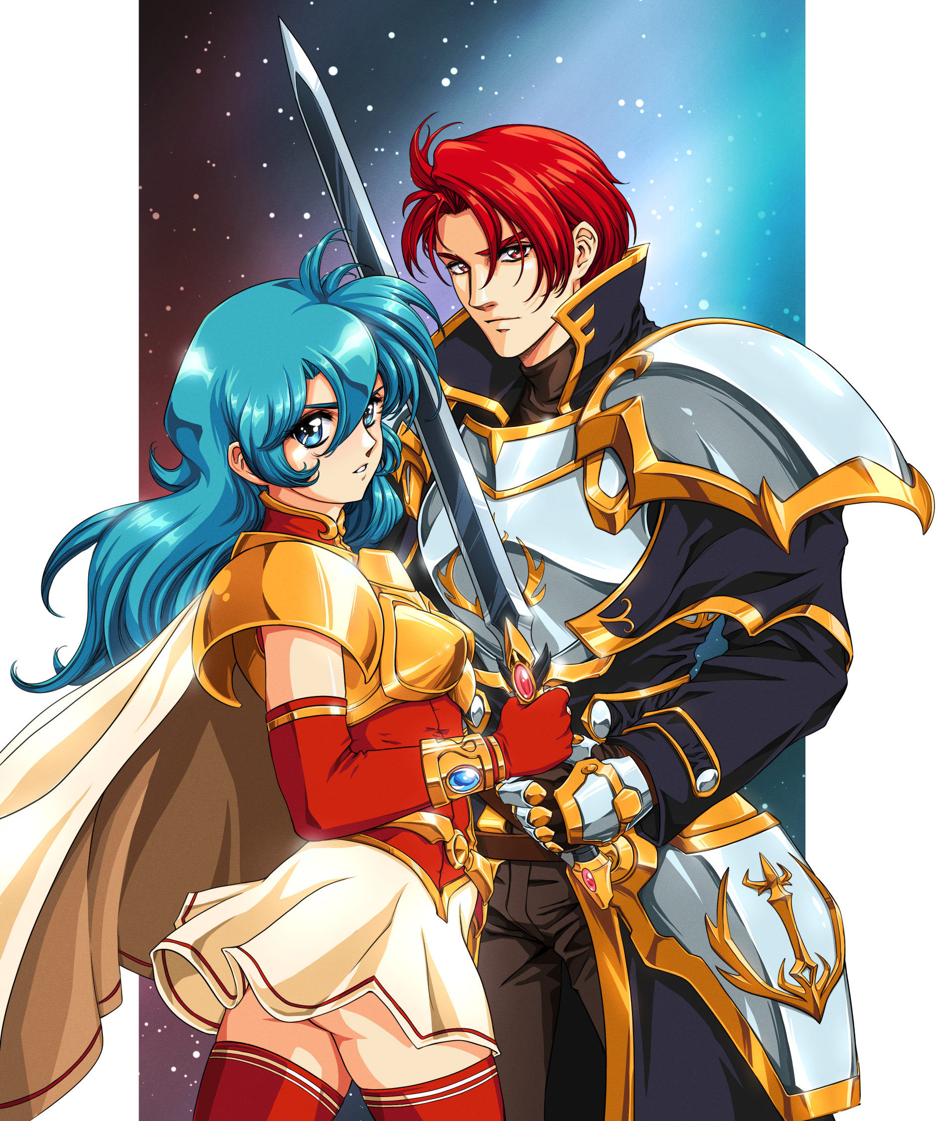 sirknightbot, eirika (fire emblem), seth (fire emblem), fire emblem, fire emblem: the sacred stones, nintendo, highres, 1990s (style), 1boy, 1girl, armor, ass, black border, blue eyes, blue hair, border, breastplate, breasts, brown pants, cuirass, curtained hair, double-parted bangs, elbow gloves, faulds, galaxy, gauntlets, gloves, gradient background, hair between eyes, holding, holding sword, holding weapon, long hair, looking at viewer, night, night sky, pants, pauldrons, red eyes, red gloves, red hair, red thighhighs, retro artstyle, short hair, shoulder armor, skirt, sky, small breasts, star (sky), sword, teeth, thighhighs, weapon, white skirt