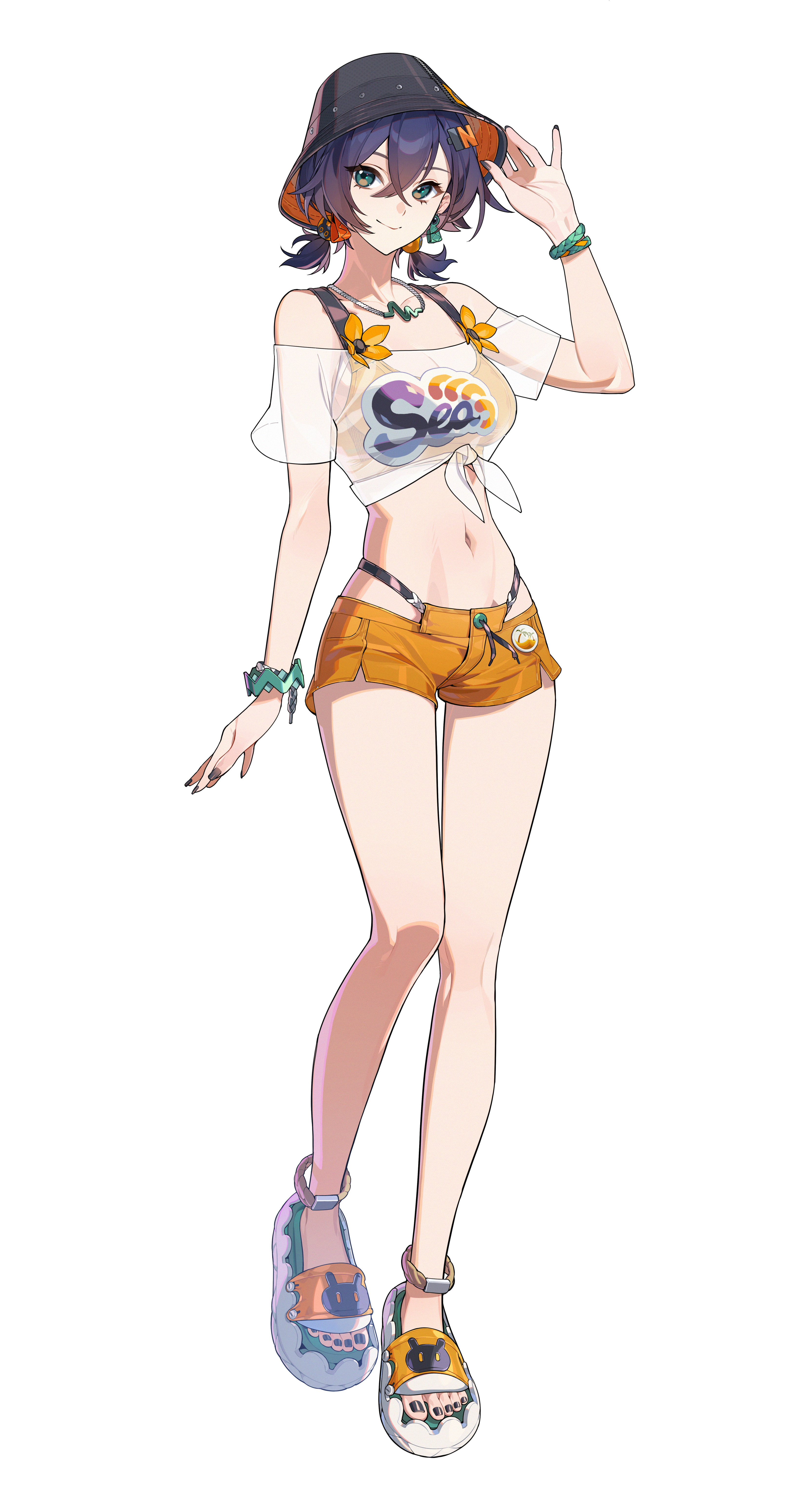 belle (summer skies) (zenless zone zero), belle (zenless zone zero), zenless zone zero, absurdres, bad source, highres, official art, 1girl, anklet, black hat, blue hair, bowl, bowl hat, bracelet, breasts, cleavage, closed mouth, crop top, crossed bangs, earrings, english text, fish hat, flower, full body, green eyes, hair between eyes, hat, jewelry, looking at viewer, medium breasts, nail polish, navel, necklace, official alternate costume, orange shorts, sandals, see-through clothes, shirt, short hair, short shorts, shorts, simple background, smile, standing, stomach, swimsuit, tied shirt, transparent background, white background, white sandals, white shirt