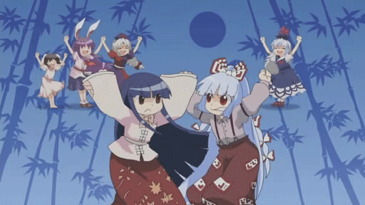 fujiwara no mokou, houraisan kaguya, inaba tewi, kamishirasawa keine, reisen udongein inaba, yagokoro eirin, imperishable night, kinema-kan, touhou, animated, animated gif, anime screenshot, artist request, 6+girls, bamboo, bamboo forest, battle, closed eyes, dancing, dress, everyone, female focus, forest, frown, full moon, hat, head bump, injury, long hair, moon, multicolored hair, multiple girls, nature, pleated skirt, red eyes, rivalry, skirt, touhou anime project, very long hair