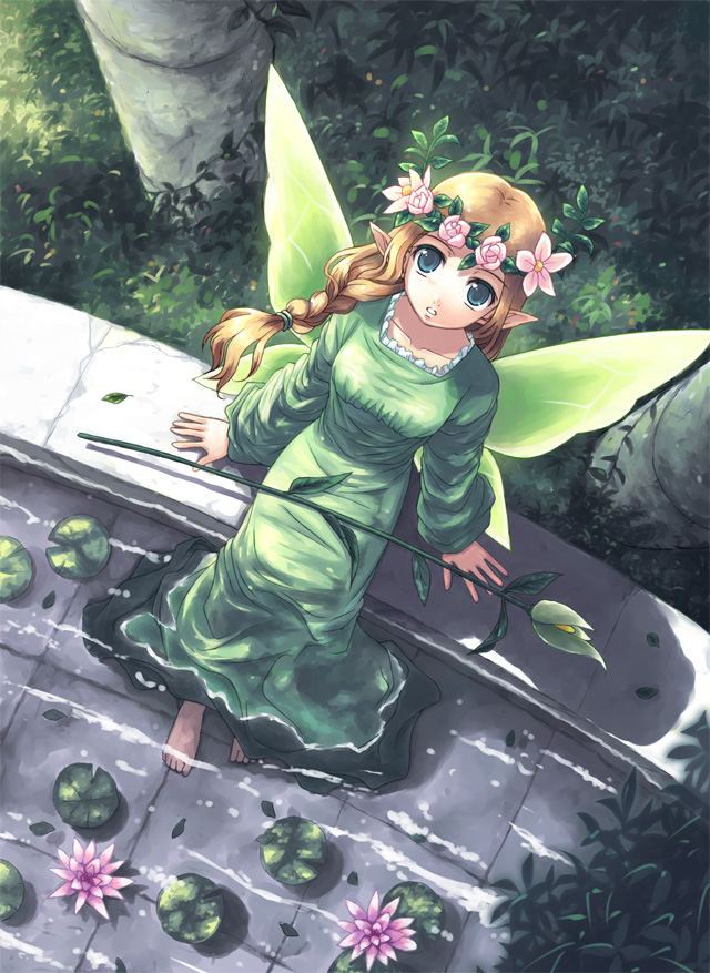yakka, mavka, ragnarok online, 1girl, barefoot, blonde hair, braid, butterfly wings, dress, fairy wings, fantasy, female focus, flower, from above, green eyes, head wreath, insect wings, long hair, looking up, lotus, plant, pointy ears, sitting, soaking feet, solo, water, water lily flower, wings