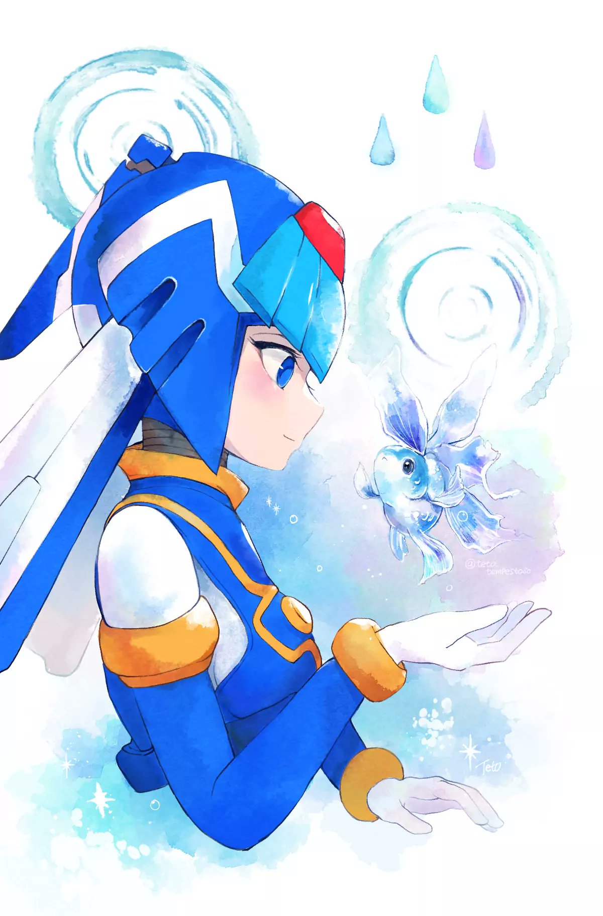 teto (y3832), fairy leviathan (mega man), mega man (series), mega man zero (series), commentary request, highres, 1girl, android, artist name, blue eyes, blue helmet, closed mouth, fish, from side, helmet, light blush, smile, solo, water drop, white background