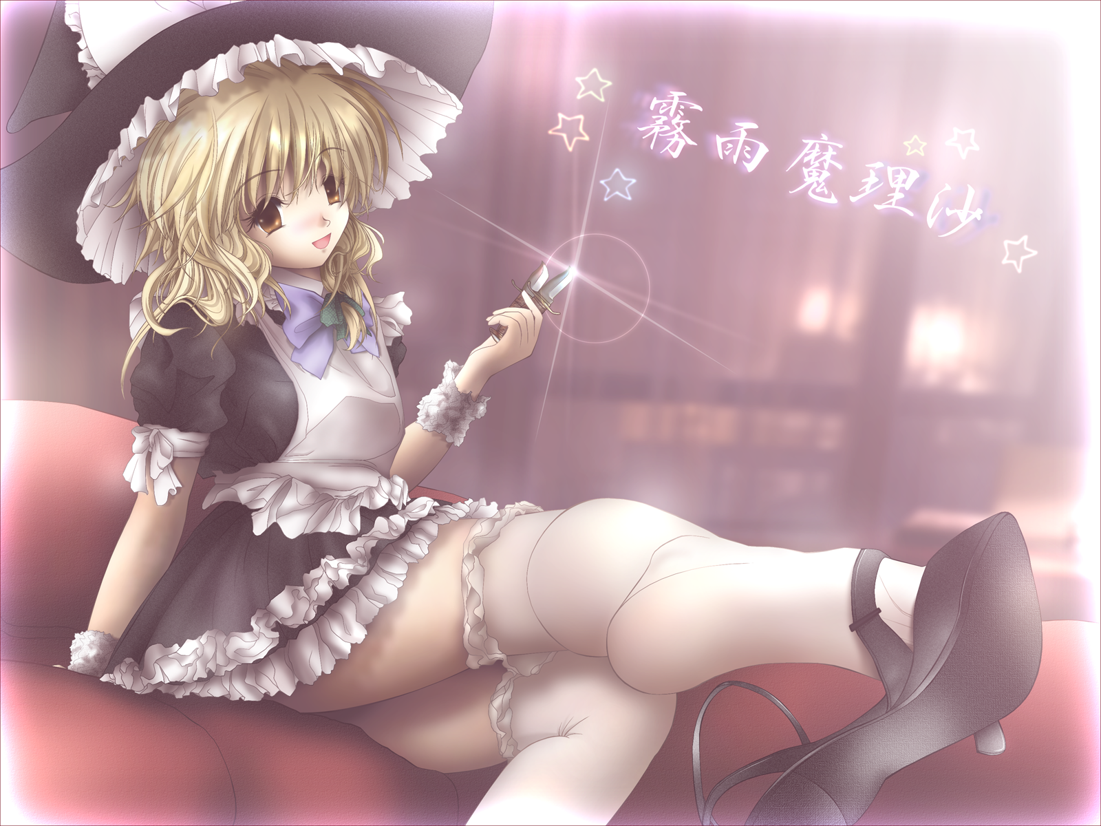 gisarme, kirisame marisa, touhou, highres, 1girl, apron, blonde hair, bow, bowtie, female focus, hat, indoors, knife, maid, maid apron, shoe dangle, shoes, sitting, solo, thighhighs, white thighhighs, wrist cuffs