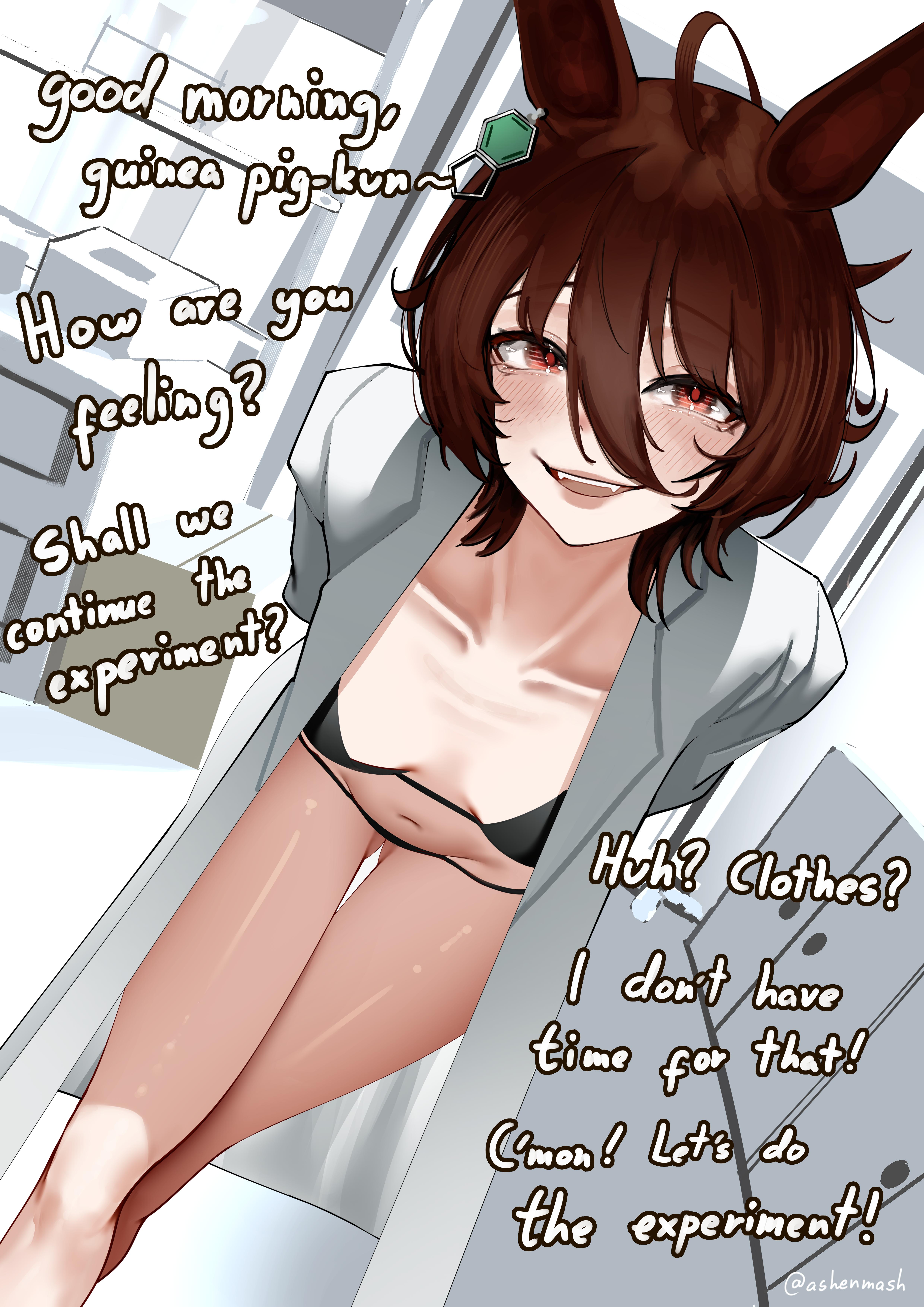 ashenmash, agnes tachyon (umamusume), umamusume, absurdres, highres, 1girl, animal ears, artist name, bikini, black bikini, blush, breasts, brown eyes, brown hair, gluteal fold, horse ears, horse girl, lab coat, leaning forward, looking at viewer, navel, short hair, small breasts, smile, swimsuit, twitter username