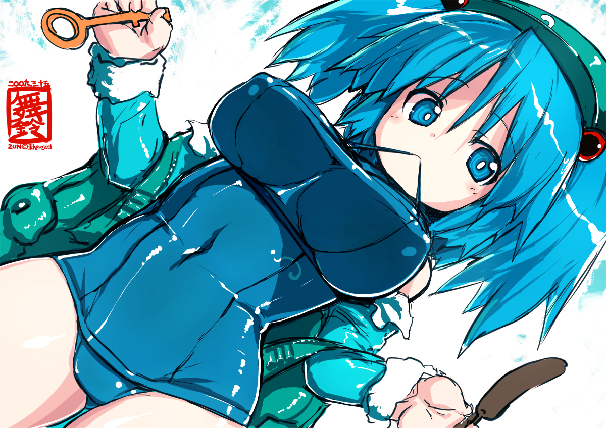 rondo bell, kawashiro nitori, touhou, bad id, 1girl, backpack, bag, blue eyes, blue hair, breasts, female focus, hat, key, large breasts, matching hair/eyes, one-piece swimsuit, randoseru, school swimsuit, short hair, solo, swimsuit, twintails, two side up