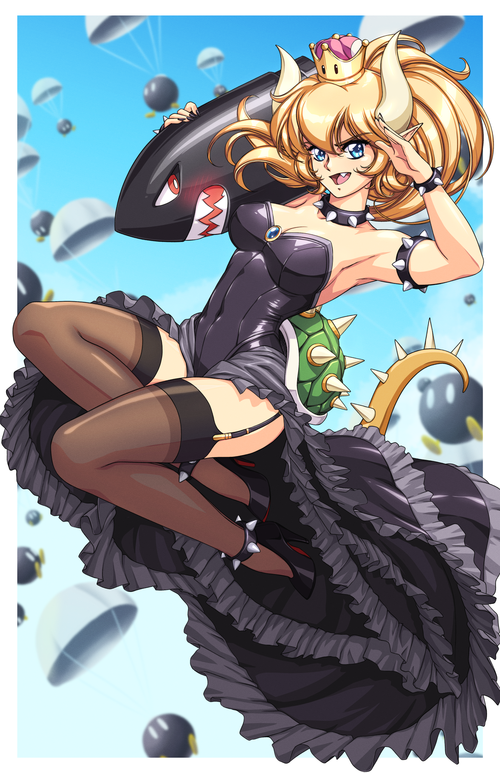 sirknightbot, banzai bill, bowsette, parabomb, mario (series), new super mario bros. u deluxe, nintendo, absurdres, highres, 1girl, animal ears, black dress, black nails, black shoes, blonde hair, blue eyes, bracelet, breasts, brown thighhighs, cleavage, collar, covered navel, dress, fang, garter straps, high heels, jewelry, large breasts, long hair, looking at viewer, off-shoulder dress, off shoulder, open mouth, pointy ears, ponytail, rabbit ears, shoes, smile, solo, spiked bracelet, spiked collar, spikes, super crown, tail, thighhighs, urushihara satoshi (style)