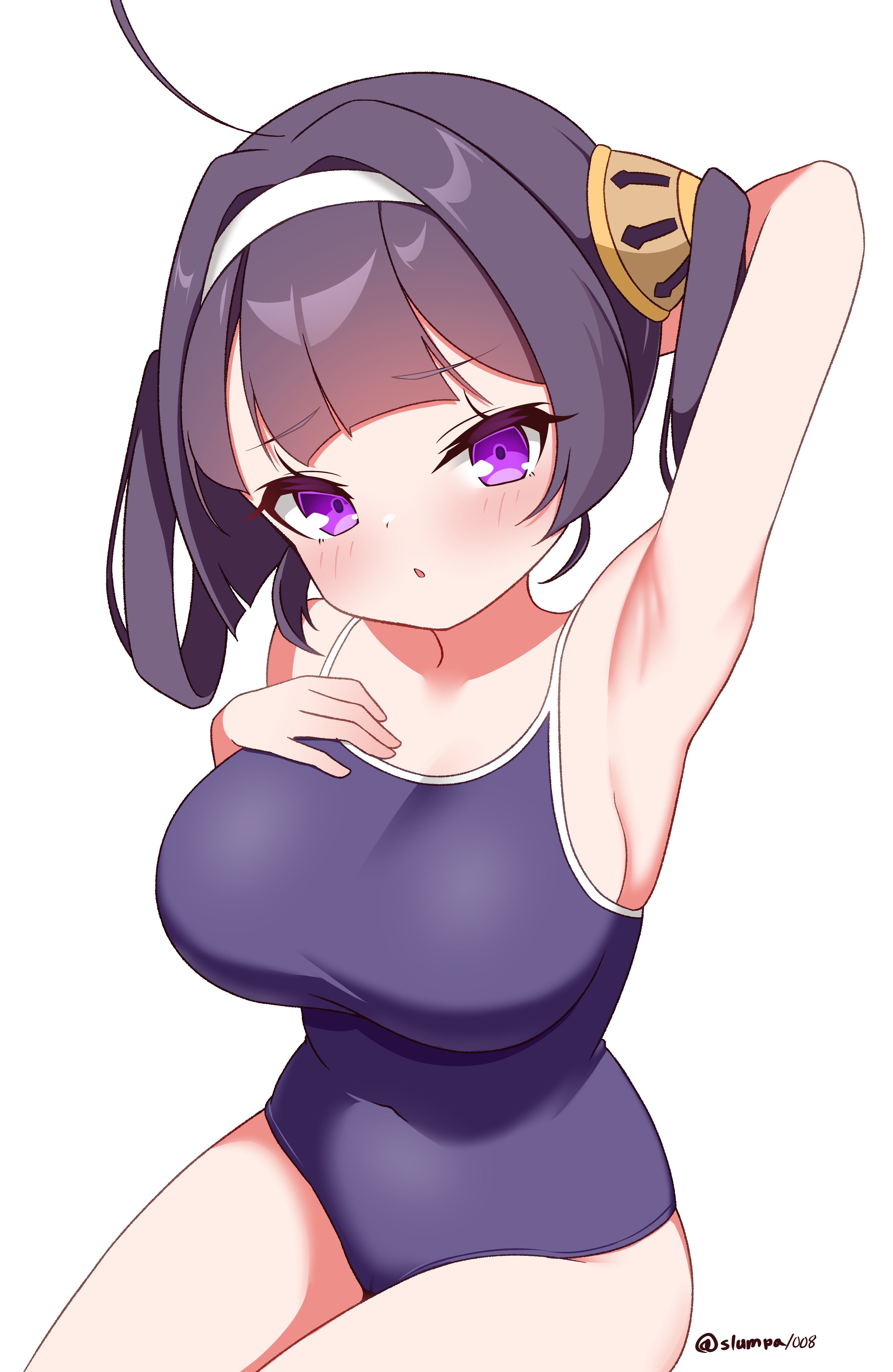 slumpa, ping hai (azur lane), azur lane, absurdres, highres, 1girl, ahoge, arm behind head, armpits, black hair, blue one-piece swimsuit, breasts, competition school swimsuit, cowboy shot, hairband, hand on own chest, large breasts, one-piece swimsuit, oppai loli, purple eyes, school swimsuit, sitting, solo, swimsuit, twitter username, white hairband