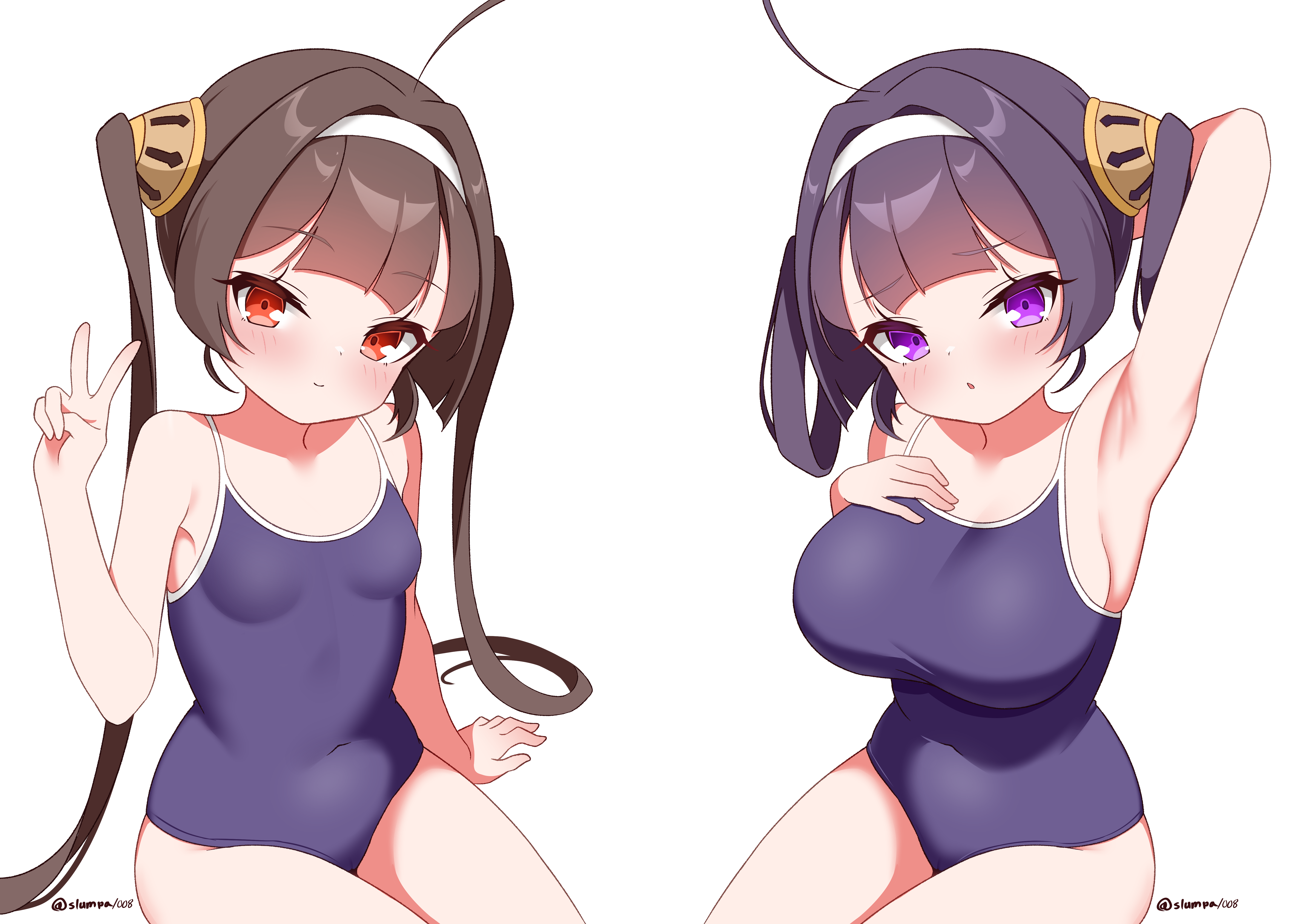 slumpa, ning hai (azur lane), ping hai (azur lane), azur lane, absurdres, highres, 2girls, ahoge, arm behind head, armpits, black hair, blue one-piece swimsuit, breasts, competition school swimsuit, cowboy shot, hairband, hand on own chest, large breasts, multiple girls, one-piece swimsuit, purple eyes, red eyes, school swimsuit, sitting, small breasts, swimsuit, twitter username, v, white hairband