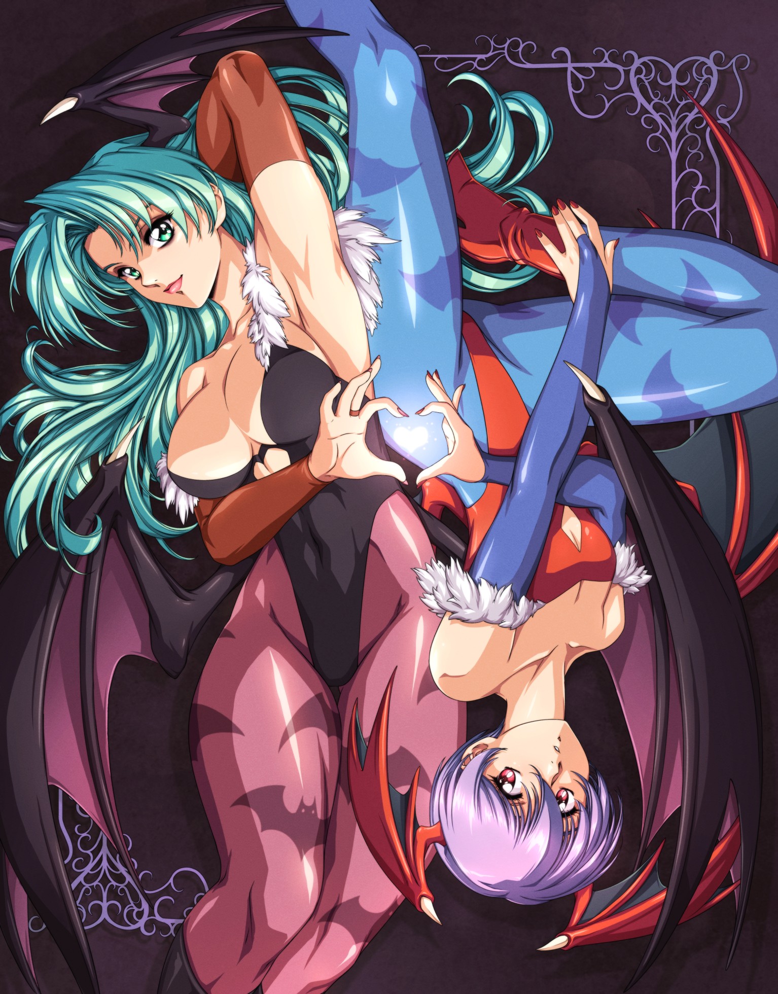 sirknightbot, lilith (darkstalkers), morrigan aensland, darkstalkers, highres, 2girls, black leotard, breasts, copyright name, demon wings, english text, green eyes, green hair, head wings, highleg, highleg leotard, leotard, lying, multiple girls, pantyhose, print pantyhose, purple hair, purple pantyhose, red eyes, red leotard, strapless, strapless leotard, wings