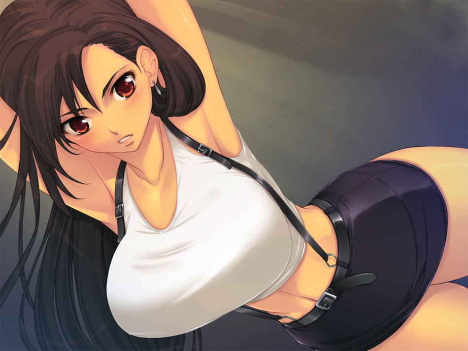yoko juusuke, tifa lockhart, final fantasy, final fantasy vii, square enix, 1990s (style), 1girl, armpits, belt, black hair, blush, breasts, brown hair, earrings, female focus, hip focus, huge breasts, jewelry, large breasts, long hair, midriff, miniskirt, navel, pencil skirt, red eyes, retro artstyle, shirt, skirt, solo, suspender skirt, suspenders, tank top, taut clothes, taut shirt, very long hair, wide hips