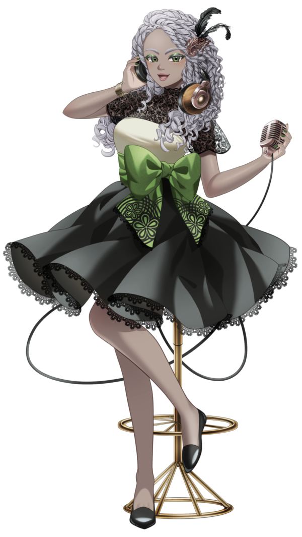bond en, official art, 1girl, black shoes, bondlive, bow, dark-skinned female, dark skin, dress, eyeshadow, feathers, fingernails, full body, green bow, green eyes, green eyeshadow, green nails, grey hair, hair ornament, headphones, headphones around neck, holding, holding microphone, lace, lips, looking at viewer, lyra honeyheart, makeup, microphone, nail polish, shoes, simple background, sitting, solo, tachi-e, transparent background, virtual youtuber