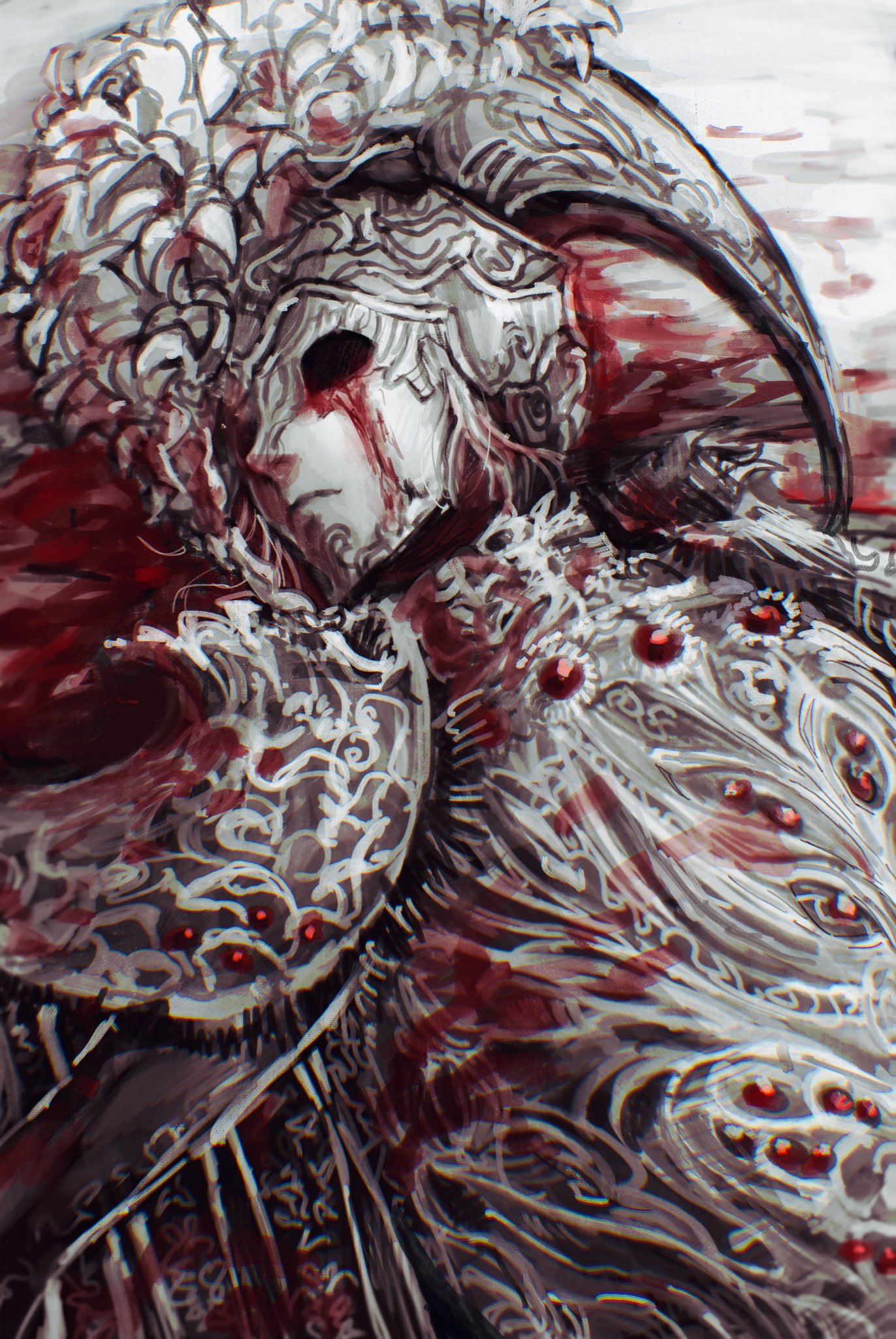 juno hoslow, elden ring, highres, 1boy, armor, blood, bloody tears, closed mouth, death, gem, helm, helmet, lying, male focus, on back, pool of blood, red gemstone, rens0o, solo