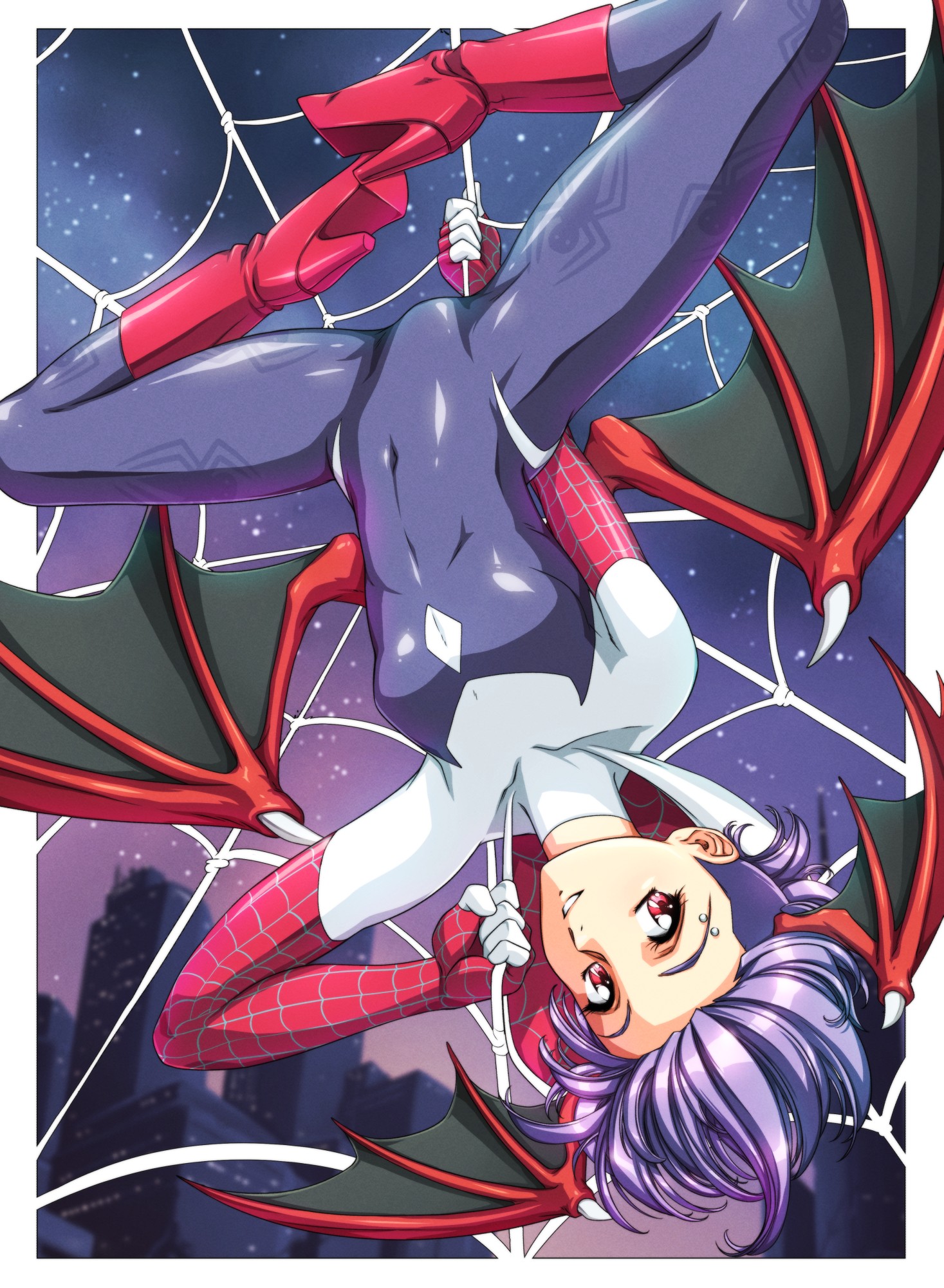 sirknightbot, lilith (darkstalkers), spider-gwen, darkstalkers, marvel, spider-man (series), highres, 1girl, adapted costume, bat wings, black bodysuit, bodysuit, boots, border, breasts, building, city, cosplay, eyebrow piercing, face piercing, head wings, high heel boots, high heels, hood, hooded bodysuit, looking at viewer, multicolored bodysuit, night, night sky, piercing, purple hair, red boots, red eyes, red wings, shiny clothes, short hair, silk, sky, skyscraper, small breasts, smile, solo, spider-gwen (cosplay), spider web, spider web print, upside-down, white bodysuit, white border, wings