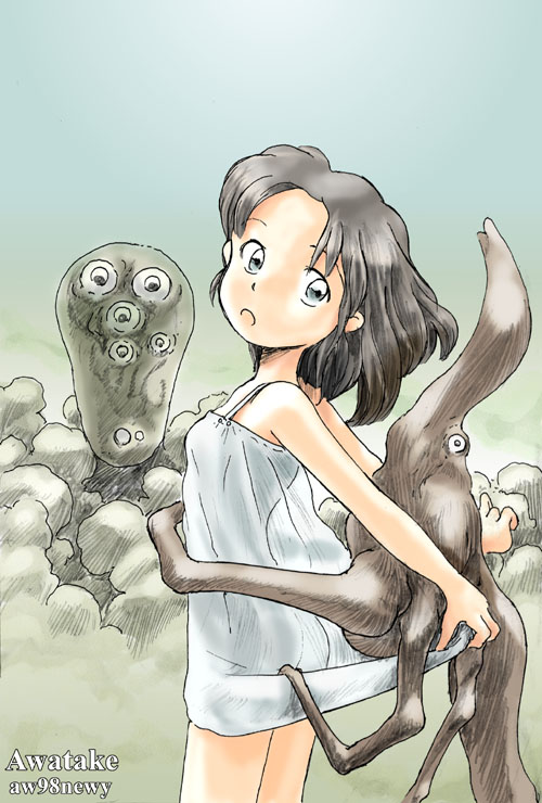 awatake takahiro, original, tagme, 1girl, alien, artist name, black hair, blue eyes, breasts, camisole, creature, dress, female focus, looking at viewer, short hair, small breasts, solo, sundress