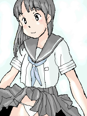 awatake takahiro, aliasing, lowres, 1girl, black eyes, black hair, blush, female focus, panties, pantyshot, school uniform, serafuku, simple background, skirt, smile, solo, underwear, upskirt, white background, white panties, wind