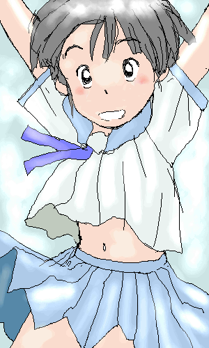 awatake takahiro, aliasing, lowres, 1girl, black eyes, black hair, blush, female focus, happy, looking at viewer, school uniform, serafuku, short hair, simple background, skirt, smile, solo, wind