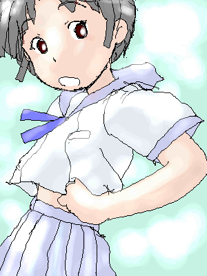awatake takahiro, aliasing, lowres, 1girl, black hair, female focus, looking at viewer, red eyes, school uniform, serafuku, short hair, simple background, skirt, solo, surprised