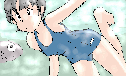 awatake takahiro, aliasing, lowres, 1girl, barefoot, black eyes, black hair, feet, female focus, fish, one-piece swimsuit, school swimsuit, short hair, solo, swimsuit, toes, underwater