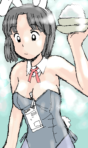 awatake takahiro, aliasing, lowres, 1girl, animal ears, bare shoulders, between breasts, black eyes, black hair, breasts, cleavage, collar, fake animal ears, female focus, food, playboy bunny, rabbit ears, short hair, simple background, solo, waitress