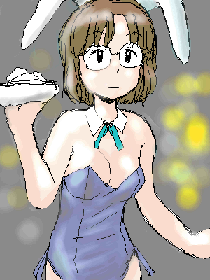 awatake takahiro, aliasing, lowres, 1girl, animal ears, black eyes, breasts, brown hair, cleavage, collar, fake animal ears, female focus, food, glasses, playboy bunny, rabbit ears, short hair, simple background, smile, solo, waitress
