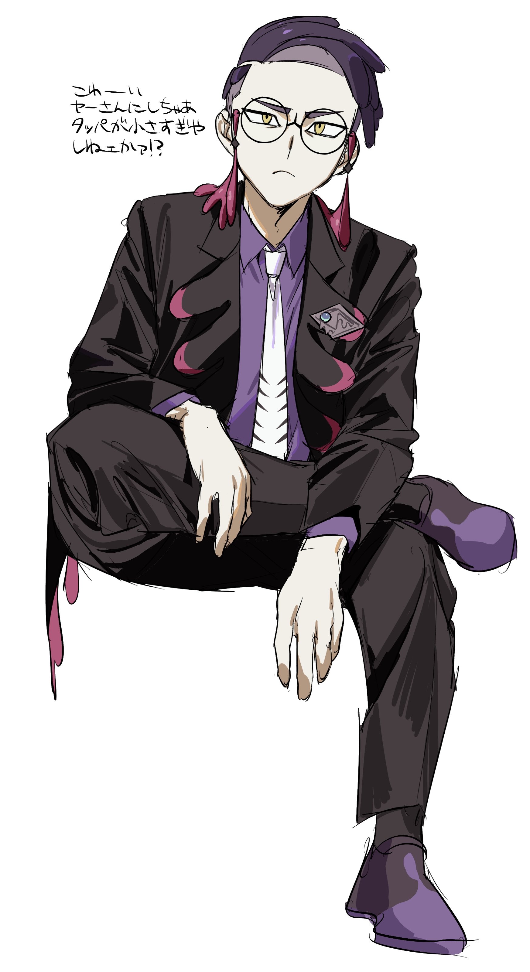 aa kabeuchi, corbeau (pokemon), nintendo, pokemon, pokemon legends: z-a, absurdres, highres, 1boy, black-framed eyewear, black hair, black jacket, black pants, closed mouth, collared shirt, eyewear strap, frown, glasses, jacket, long sleeves, looking at viewer, male focus, mega stone, necktie, open clothes, open jacket, pants, purple hair, purple shirt, round eyewear, shirt, shoes, short hair, short sideburns, simple background, sitting, solo, undercut, white background, white necktie, yellow eyes
