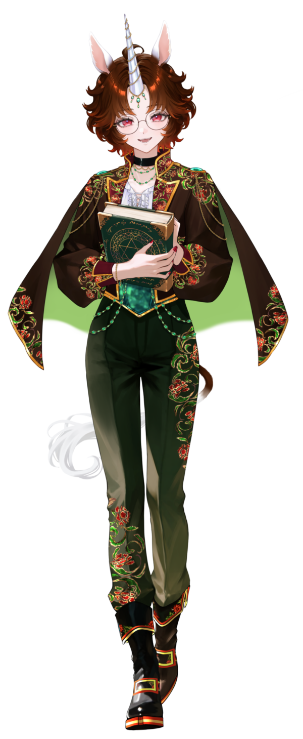 bond en, highres, official art, 1girl, animal ears, black-framed eyewear, black choker, black pants, black shoes, bondlive, book, brown hair, brown jacket, choker, fingernails, floral print pants, full body, glasses, holding, holding book, horse ears, horse tail, jacket, nail polish, pants, pink eyes, red nails, shoes, short hair, simi neow, simple background, tachi-e, tail, teeth, tongue, transparent background, unicorn girl, unicorn horn, virtual youtuber