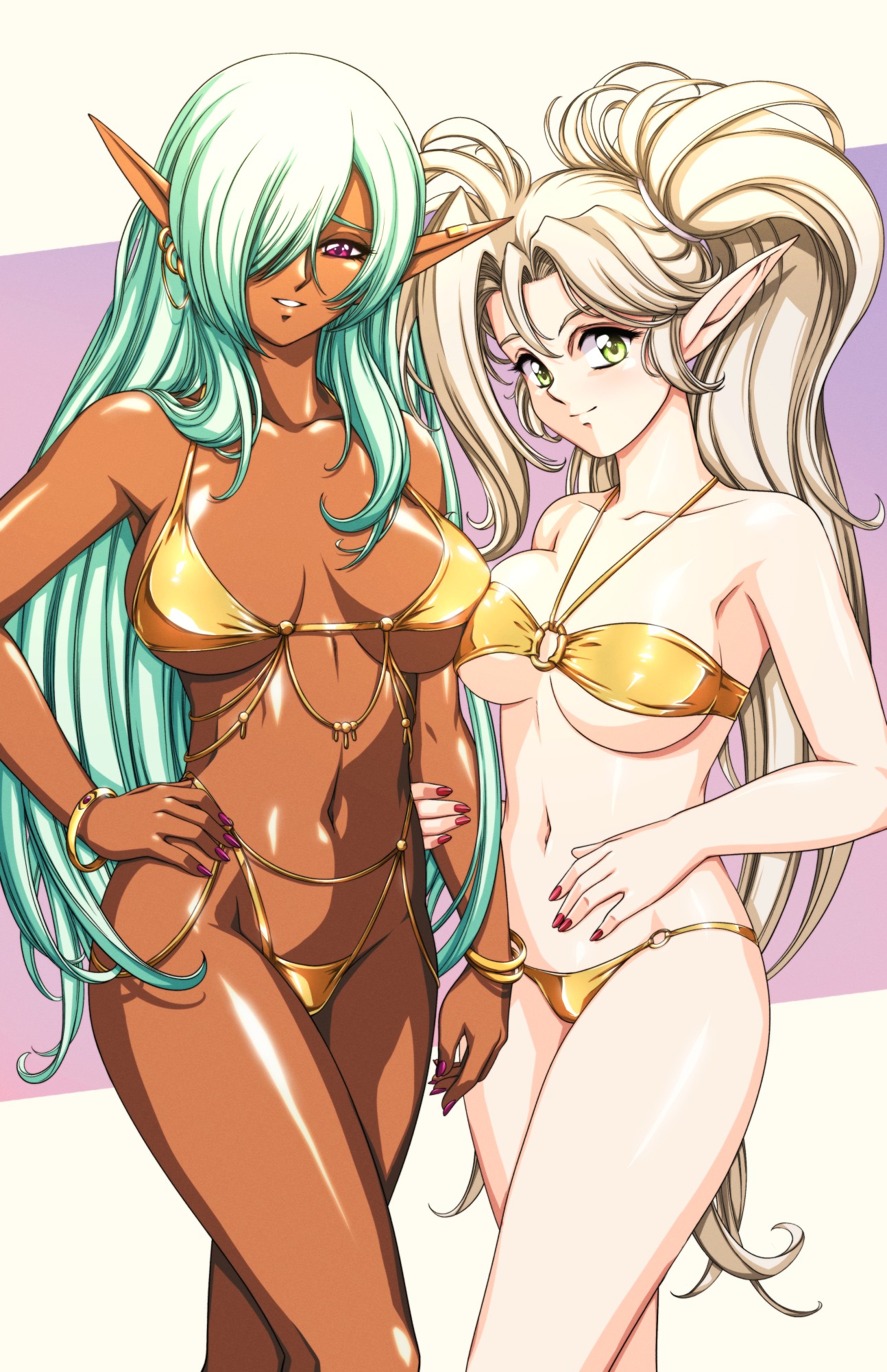 sirknightbot, original, highres, 1990s (style), 2girls, asymmetrical docking, bare shoulders, bikini, blonde hair, bracelet, breast press, breasts, breasts apart, closed mouth, collarbone, dark-skinned female, dark elf, dark skin, elf, gold bikini, green eyes, green hair, hair over one eye, hand on another's arm, hand on own hip, jewelry, long hair, looking at viewer, multiple girls, navel, o-ring, o-ring bikini, parted lips, pointy ears, ponytail, red eyes, red nails, retro artstyle, shiny clothes, shiny skin, smile, swimsuit