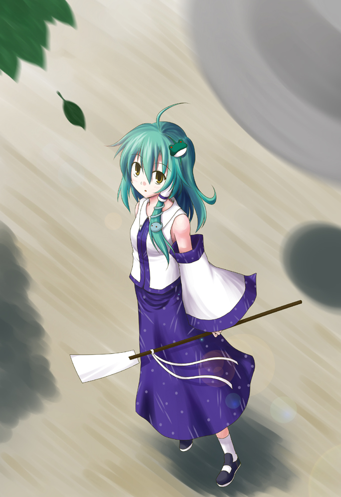 bluepony, kochiya sanae, touhou, 1girl, detached sleeves, female focus, frog, green hair, leaf, snake, solo, ufo, yellow eyes