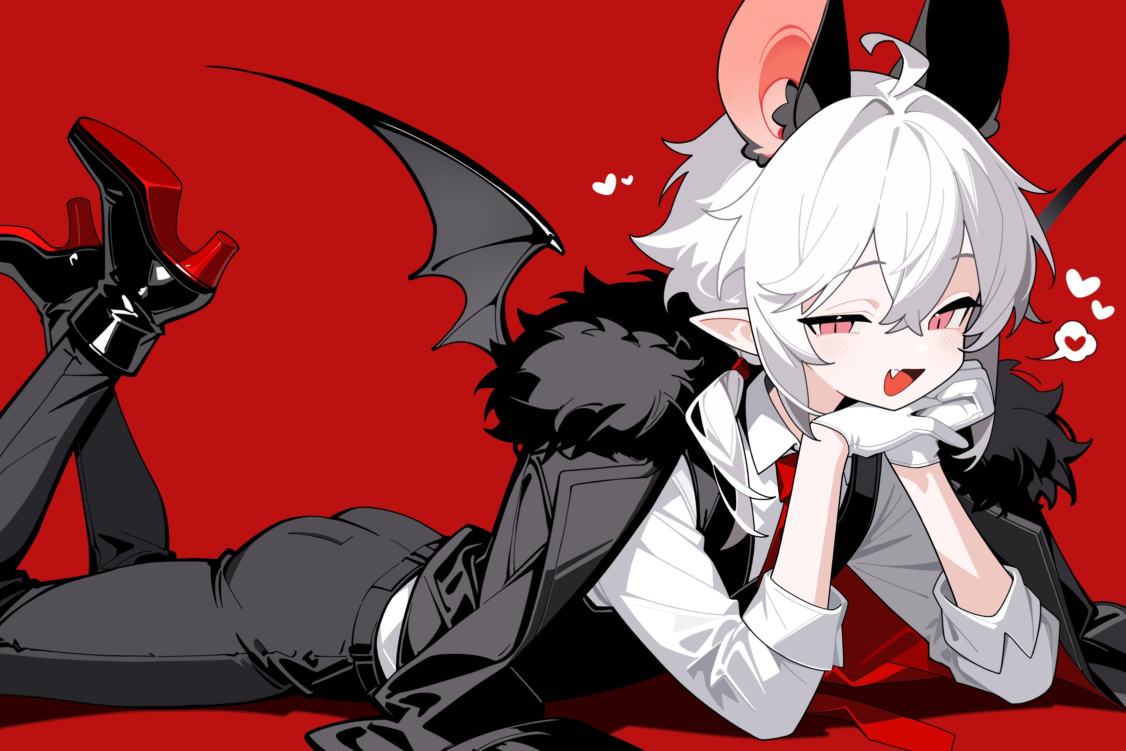 llucilab, original, commentary, highres, 1boy, :d, ahoge, animal ear fluff, animal ears, bat boy, bat ears, bat wings, black jacket, black shoes, black vest, black wings, collared shirt, dress pants, elbow rest, fang, feet up, from side, full body, fur-trimmed jacket, fur trim, gloves, grey pants, hair between eyes, hair intakes, hair tie, hand on own cheek, hand on own face, head rest, heart, high heels, jacket, light blush, long sleeves, looking at viewer, low ponytail, lying, male focus, mini wings, necktie, no nose, on stomach, open clothes, open jacket, open mouth, pants, pink eyes, pointy ears, ponytail, red background, red necktie, shirt, shirt tucked in, shoes, short hair, sidelocks, simple background, skin fang, sleeves rolled up, slit pupils, smile, solo, speech bubble, spoken heart, vampire, vest, white gloves, white hair, white shirt, wings