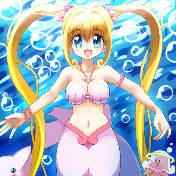 miru, nanami lucia, nanami lucia (mermaid), mermaid melody pichi pichi pitch, bad id, bad pixiv id, . ., 00s, 1girl, :d, ahoge, armlet, bikini, blonde hair, blue eyes, bracelet, breasts, bubble, cleavage, curvy, dolphin, earrings, female focus, halo, happy, jellyfish, jewelry, looking at viewer, mermaid, midriff, monster girl, navel, necklace, open mouth, seashell, shell, shell bikini, shell earrings, smile, solo, twintails, underwater, wide hips