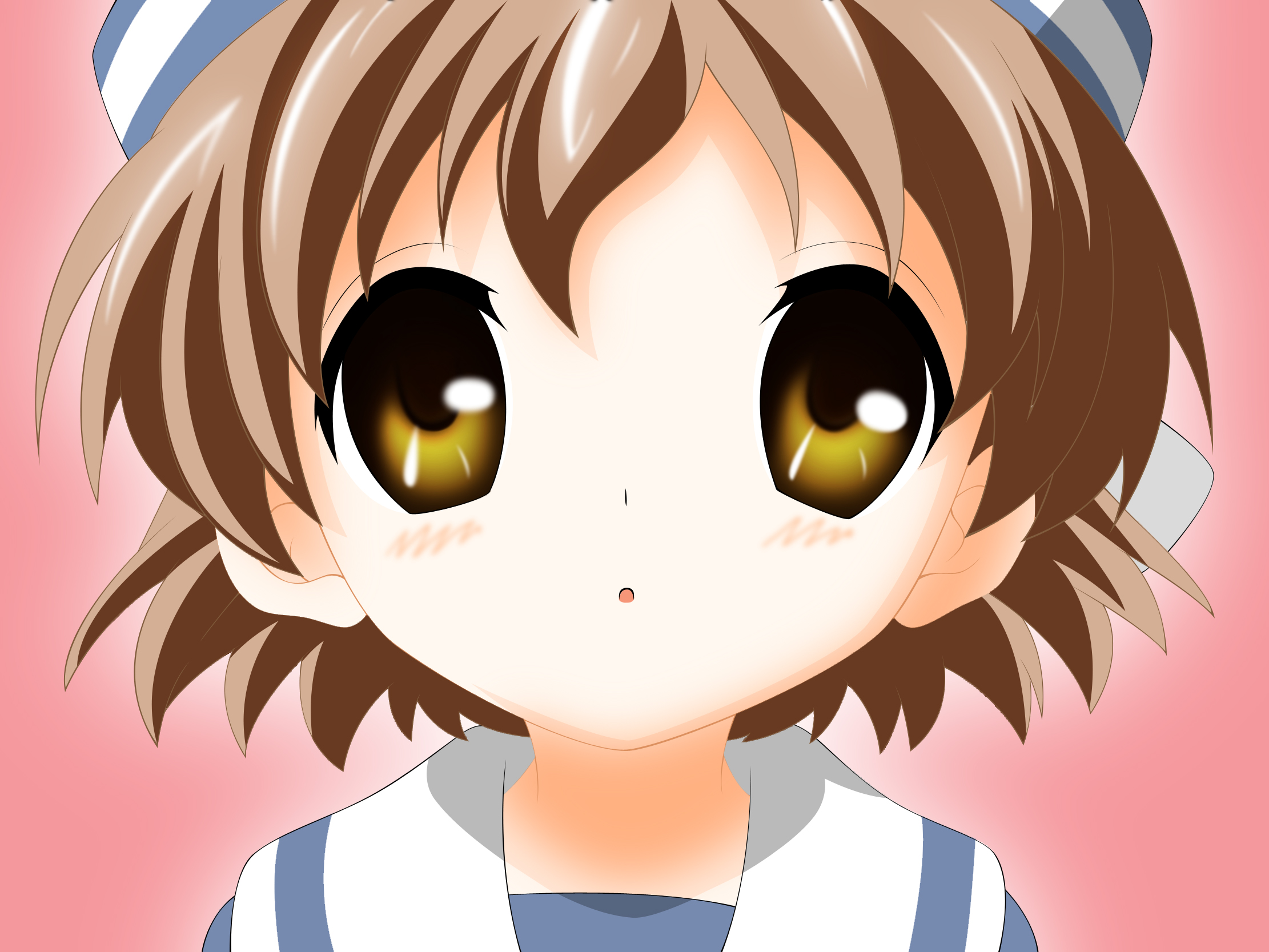 sigsig, okazaki ushio, clannad, highres, 00s, 1girl, brown eyes, brown hair, child, close-up, dixie cup hat, female focus, hat, military hat, sailor collar, school uniform, solo