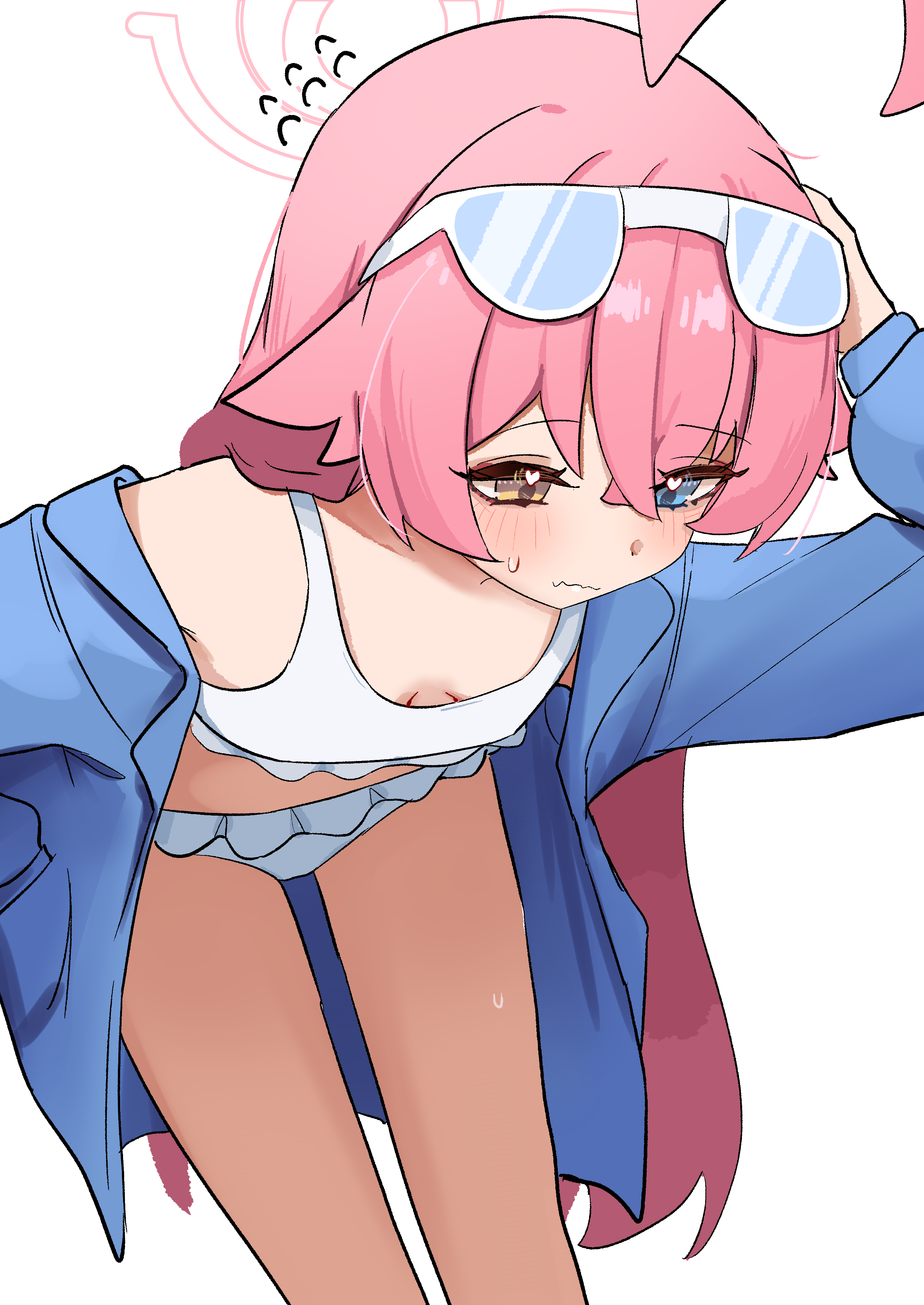 high (hgih), hoshino (blue archive), hoshino (swimsuit) (blue archive), blue archive, absurdres, highres, 1girl, blue eyes, blue jacket, blush, breasts, closed mouth, crossed bangs, eyewear on head, hair between eyes, heterochromia, jacket, leaning forward, long hair, looking down, official alternate costume, open clothes, open jacket, pink hair, small breasts, solo, sweatdrop, yellow eyes