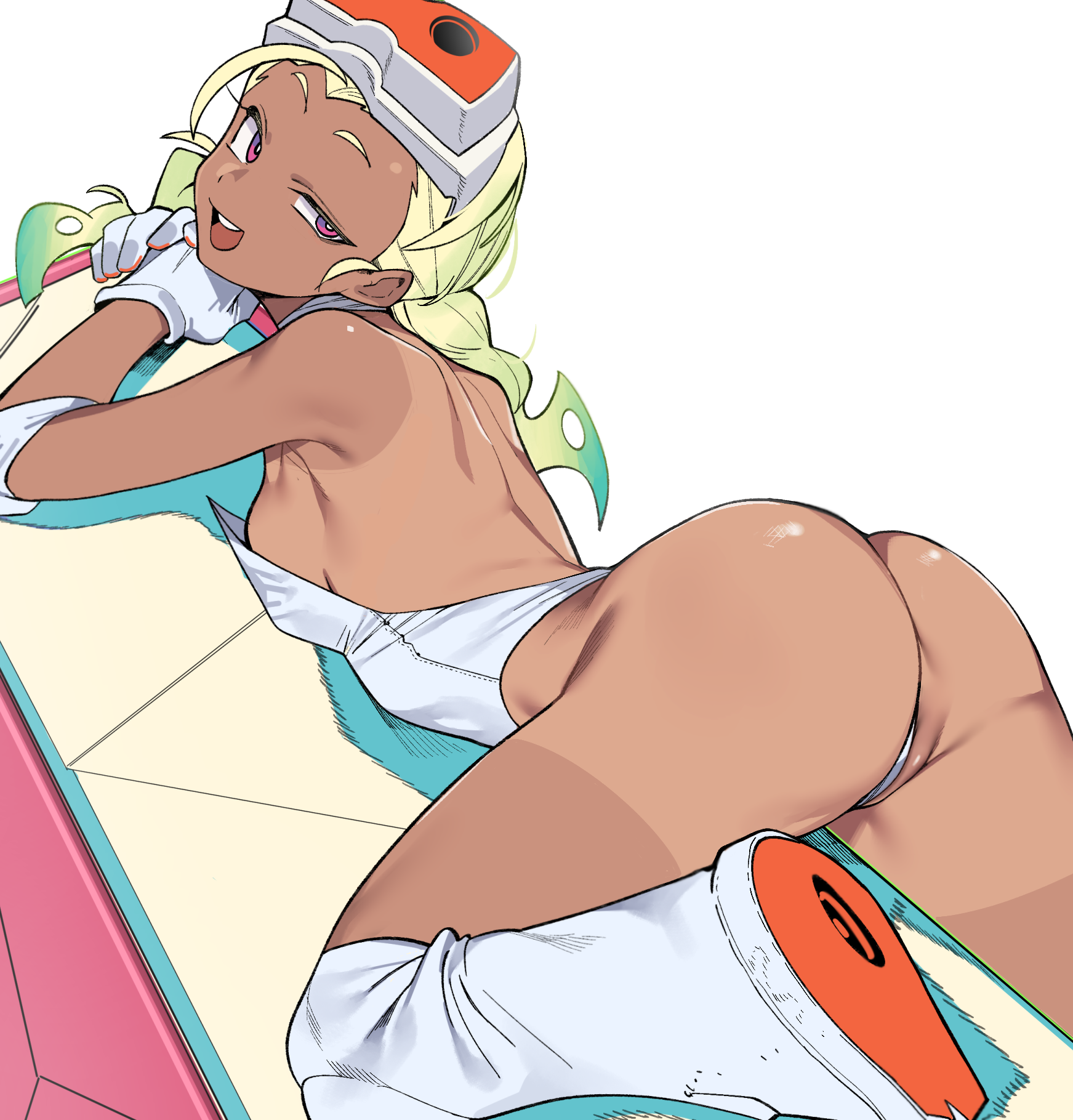 urec, gunsmith bitch (psg), panty & stocking with garterbelt, commentary, highres, revision, 1girl, anus, anus peek, ass, blonde hair, breasts, dark-skinned female, dark skin, gloves, goggles, goggles on head, gradient hair, green hair, leotard, lying, medium breasts, multicolored hair, on stomach, one-piece tan, open mouth, pink eyes, smile, solo, strapless, strapless leotard, sweat, tan, tanline, white background, white gloves, white leotard