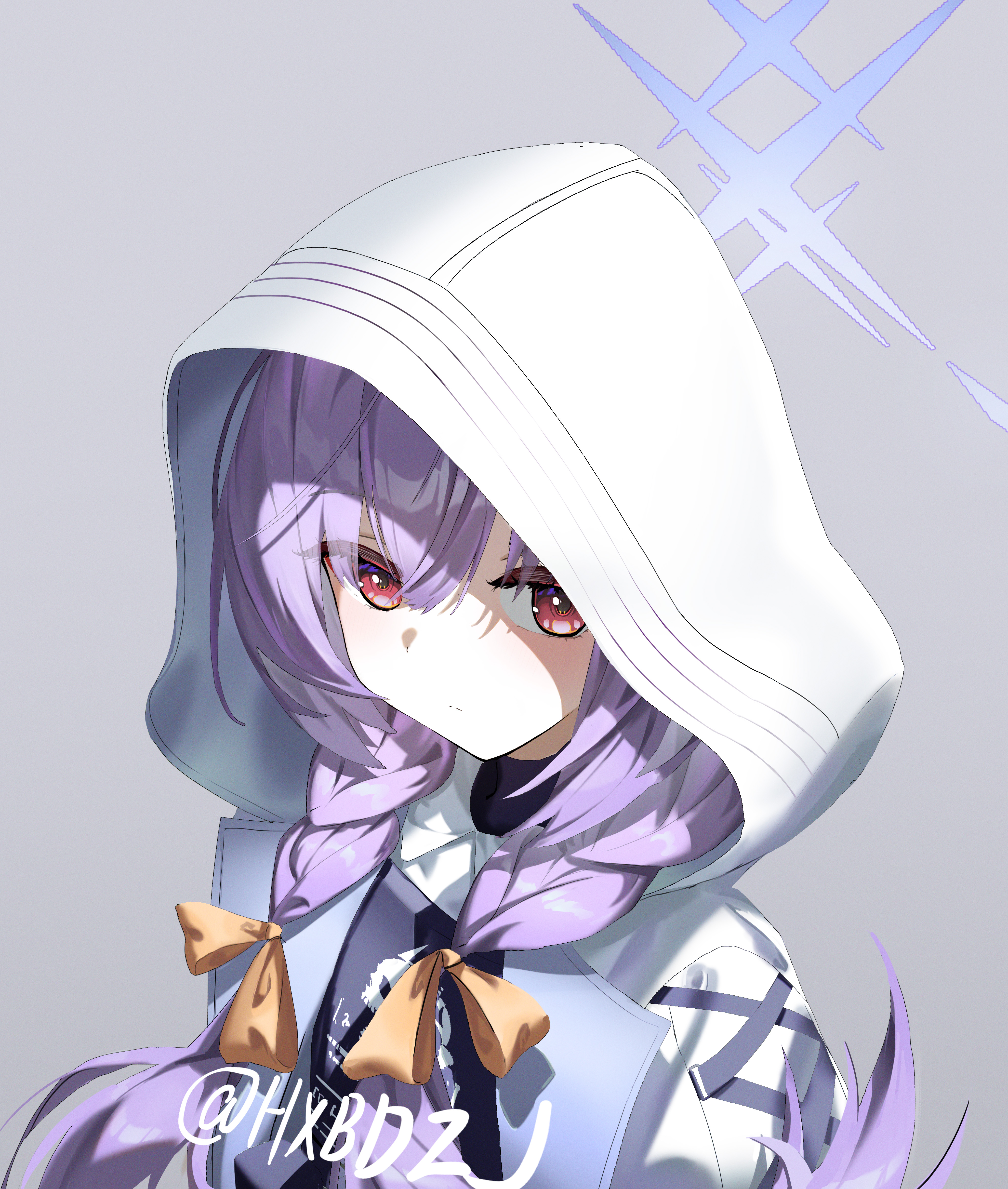 hxbdzj, atsuko (blue archive), blue archive, absurdres, highres, 1girl, blue halo, bow, braid, bulletproof vest, closed mouth, hair between eyes, hair bow, halo, hood, hood up, jacket, long hair, looking at viewer, purple hair, red eyes, shirt, solo, twin braids, white jacket, white shirt, yellow bow