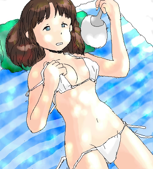 awatake takahiro, aliasing, 1girl, beach towel, bikini, blue eyes, breasts, brown hair, cleavage, fanning self, female focus, hand fan, loose bikini, lying, on back, side-tie bikini bottom, solo, swimsuit, towel, white bikini