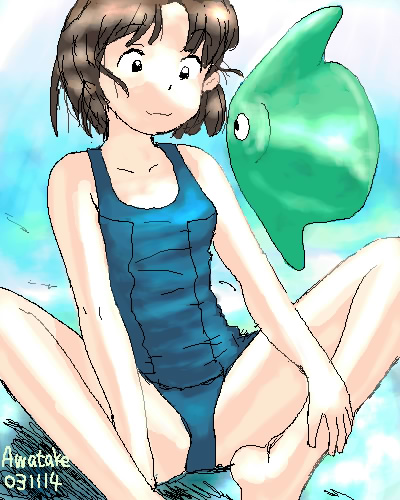 awatake takahiro, aliasing, lowres, 00s, 1girl, 2003, :3, artist name, barefoot, black eyes, brown hair, dated, feet, female focus, fish, one-piece swimsuit, school swimsuit, short hair, smile, solo, spread legs, swimsuit, underwater