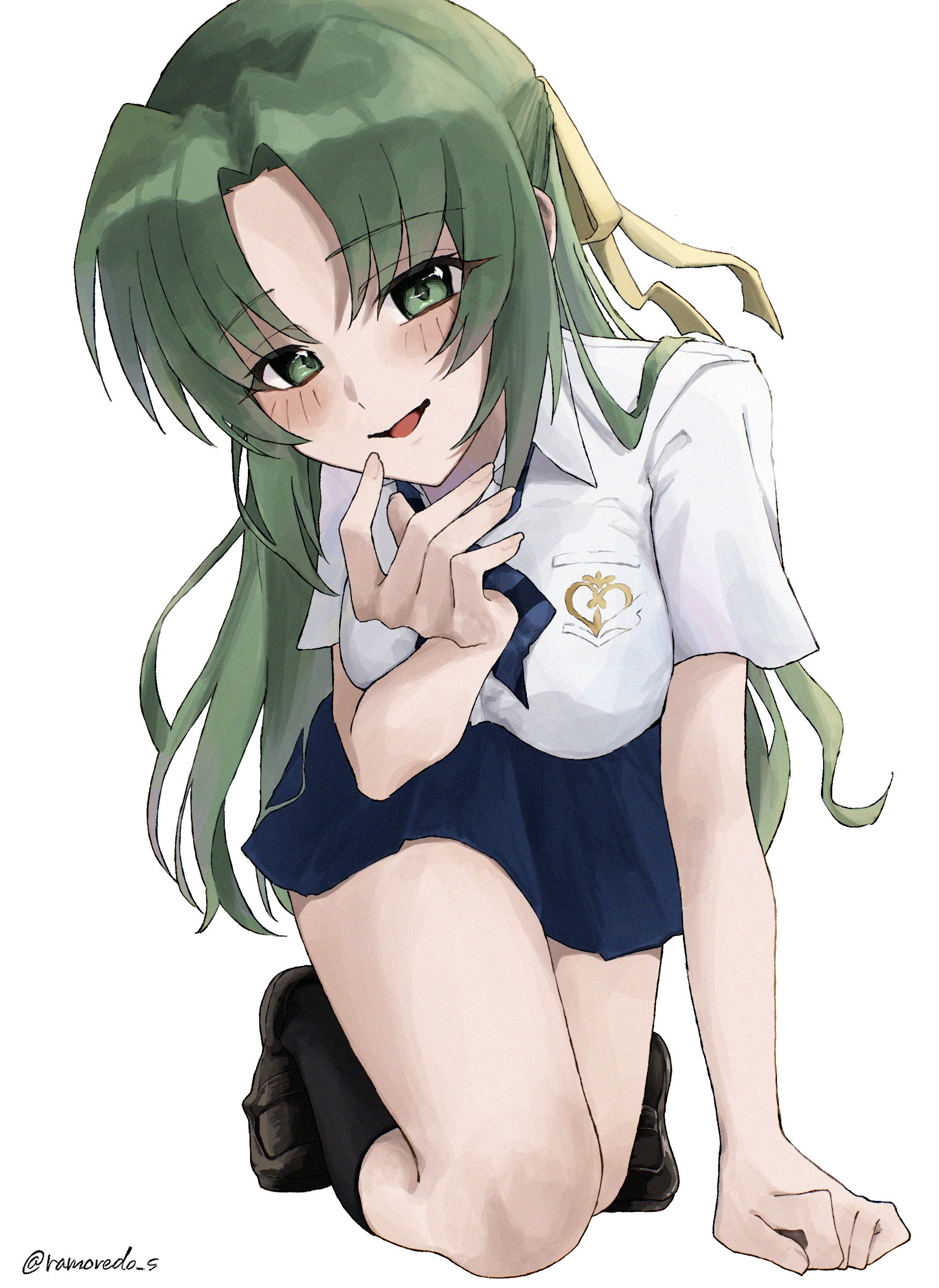 ramoredo, sonozaki shion, higurashi no naku koro ni, absurdres, chinese commentary, commentary request, highres, 1girl, all fours, artist name, blue skirt, blush, breasts, curtained hair, full body, green eyes, green hair, hair intakes, large breasts, long hair, looking at viewer, open mouth, shirt, simple background, skirt, smile, solo, twitter username, very long hair, white background, white shirt