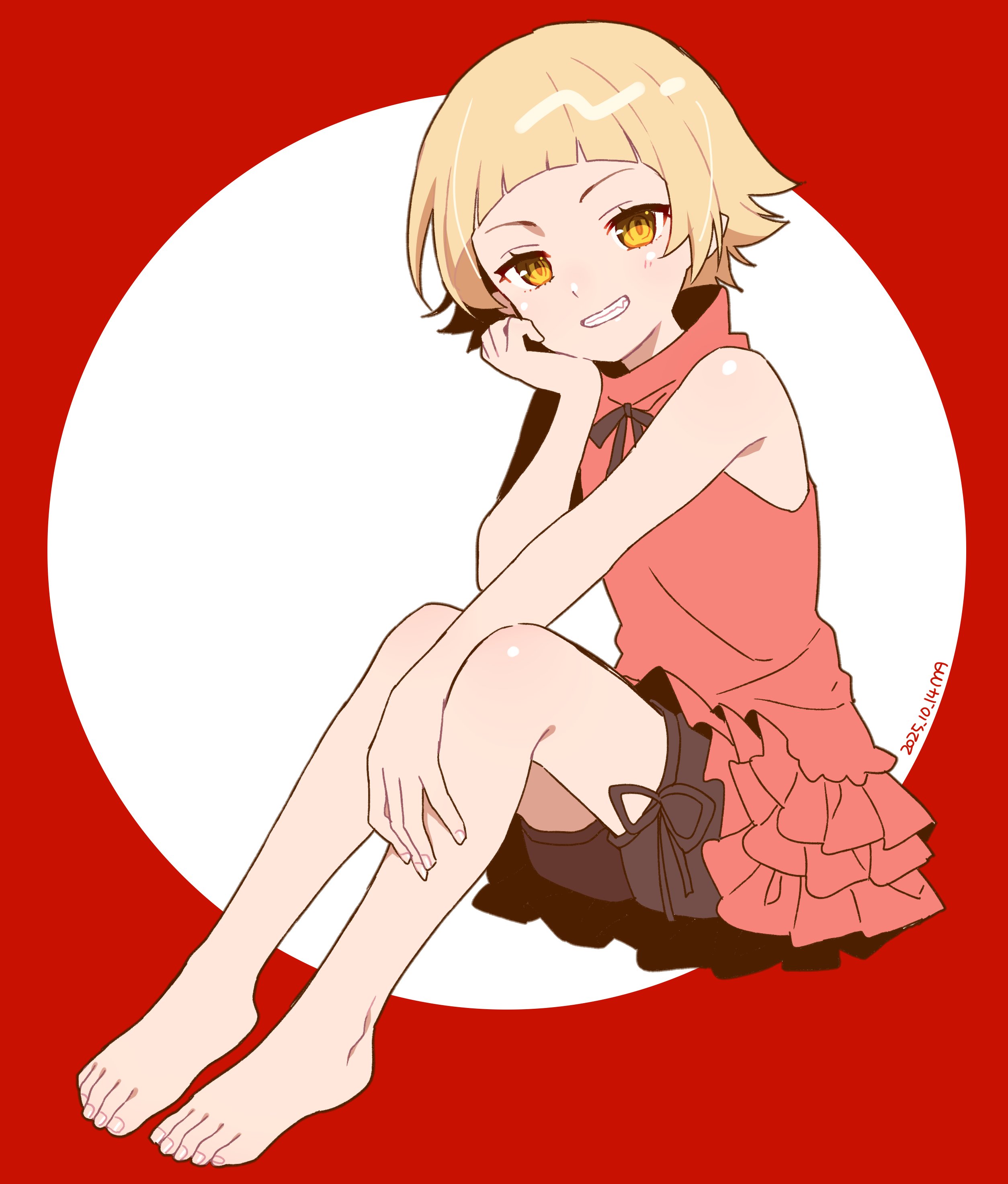 manimani (mani ma), kiss-shot acerola-orion heart-under-blade, kiss-shot acerola-orion heart-under-blade (young), oshino shinobu, kizumonogatari, monogatari (series), absurdres, commentary, highres, 1girl, artist name, bare shoulders, barefoot, black bow, black shorts, blonde hair, blunt bangs, border, bow, circle, curled fingers, dated, dress, dress bow, eyelashes, feet, flat chest, flipped hair, frilled dress, frills, from side, grin, hand on own cheek, hand on own face, hand on own leg, head rest, high collar, initial, knees up, light blush, looking at viewer, looking to the side, on ground, outside border, parted lips, pink dress, pointy ears, red border, ringed eyes, short hair, shorts, shorts under dress, signature, simple background, sitting, sleeveless, sleeveless dress, slit pupils, smile, solo, toes, very short hair, white background, yellow eyes
